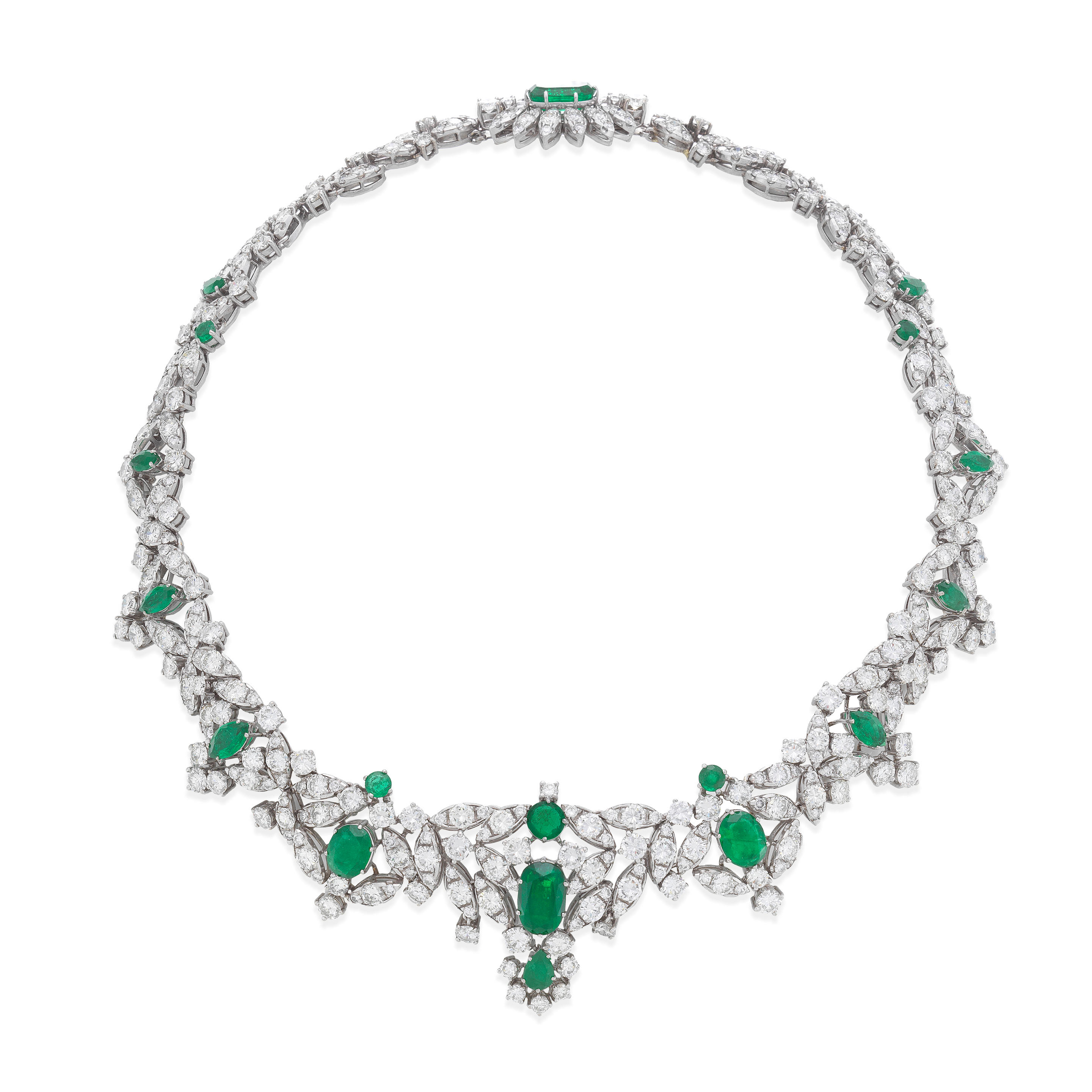 EMERALD AND DIAMOND NECKLACE BROOCH COMBINATION CIRCA 1970 The articulating