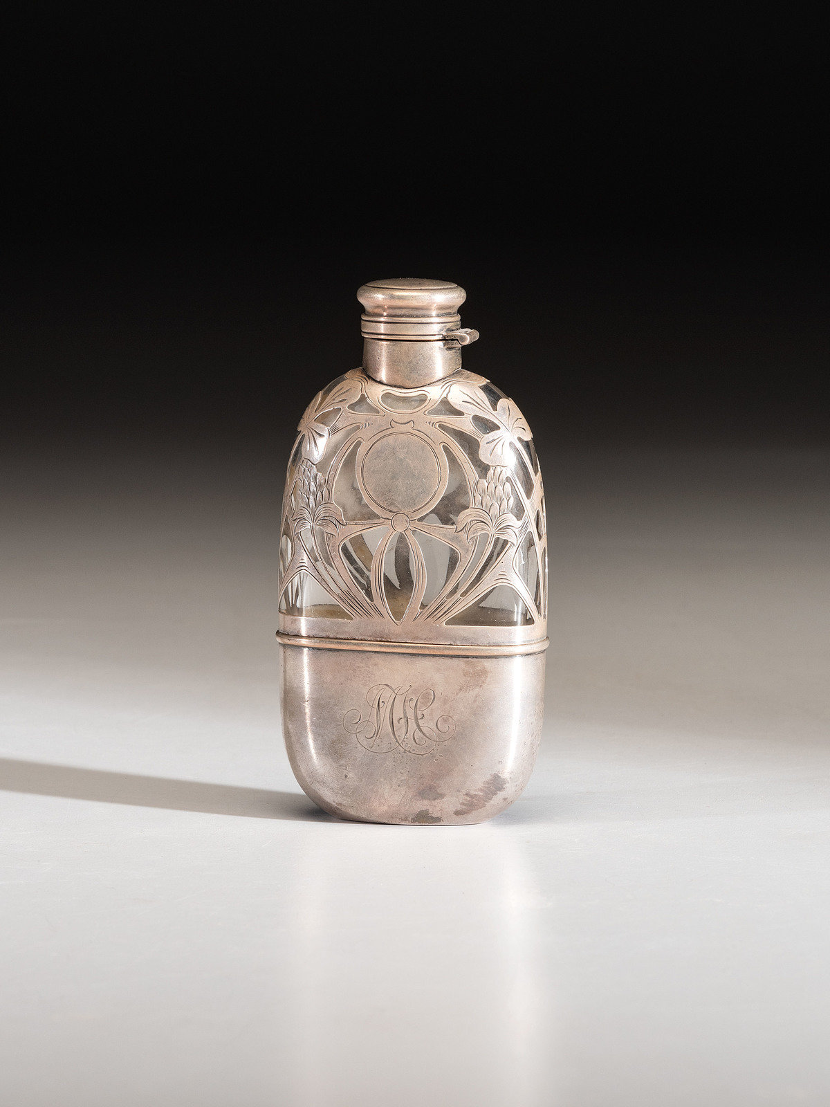 Sterling Silver Overlay Flask ca 1900 a silver flask engraved