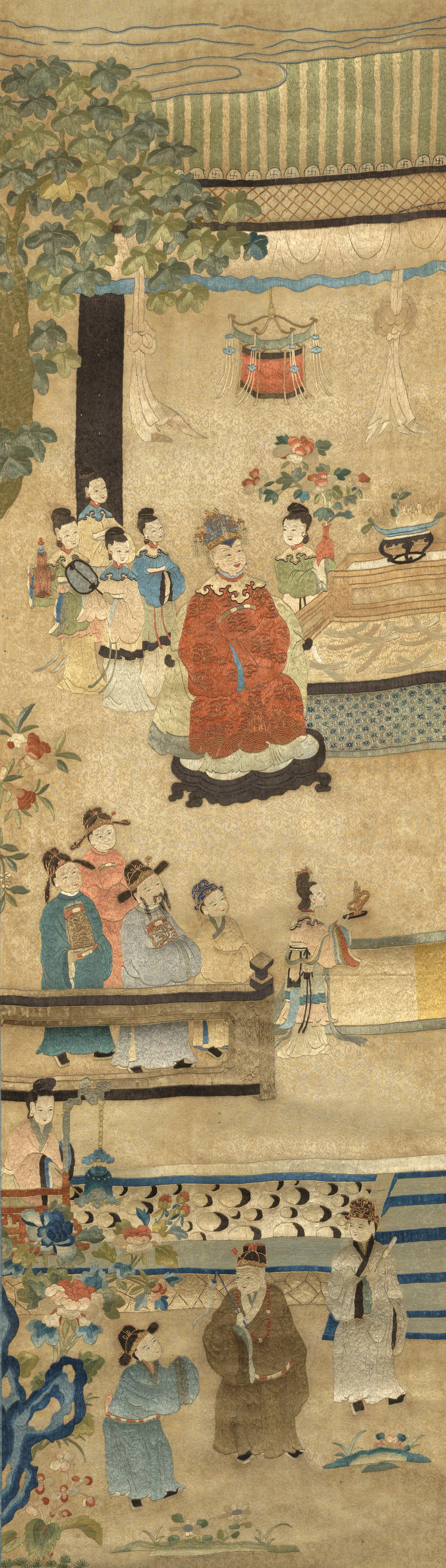 AN EMBROIDERED SILK SIX PANEL HANGING SCROLL SET 19th century