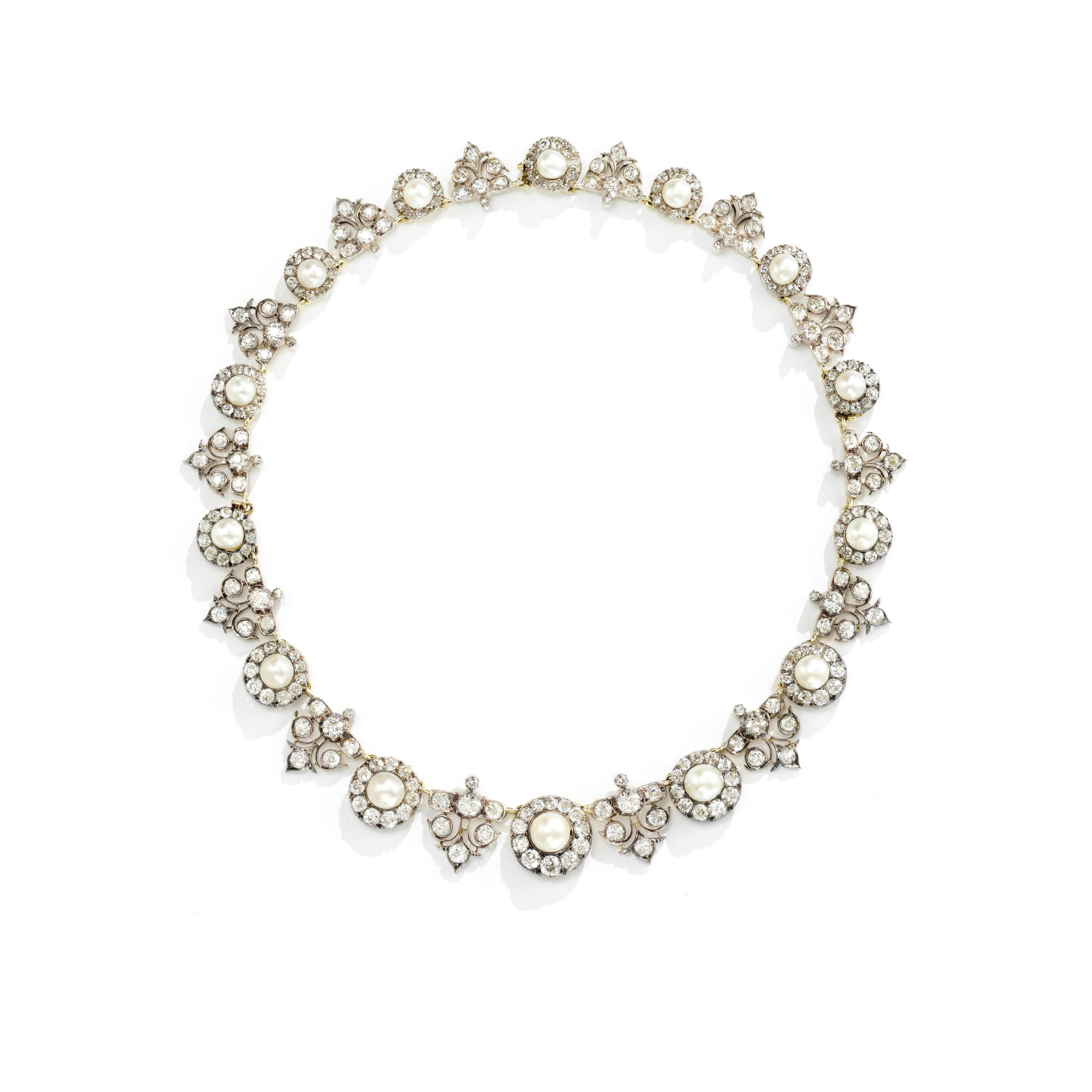 NATURAL PEARL AND DIAMOND NECKLACE BRACELET COMBINATION CIRCA 1880 The