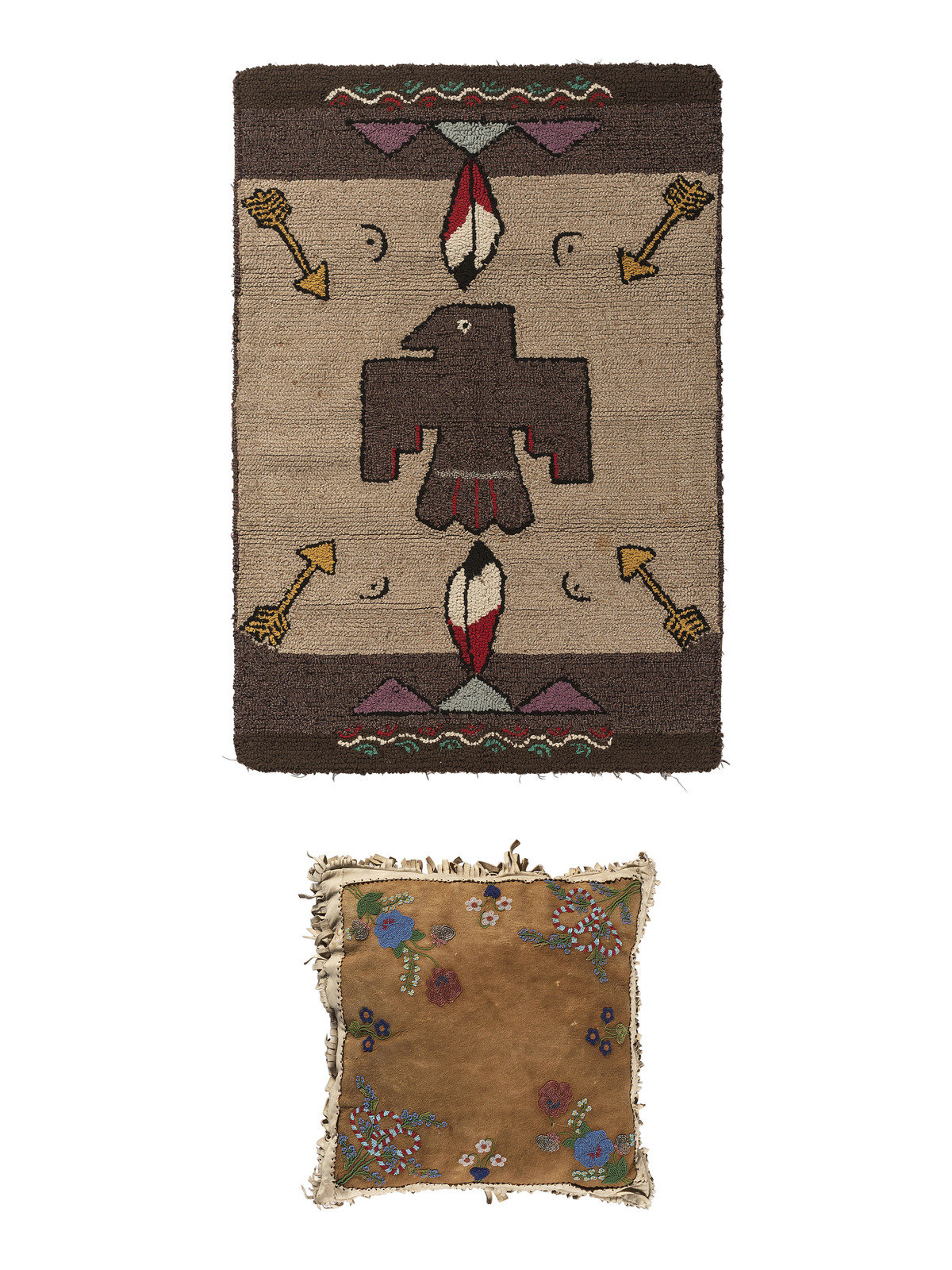 Northern Cree Beaded Hide Pillow and Native Inspired Hook Rug