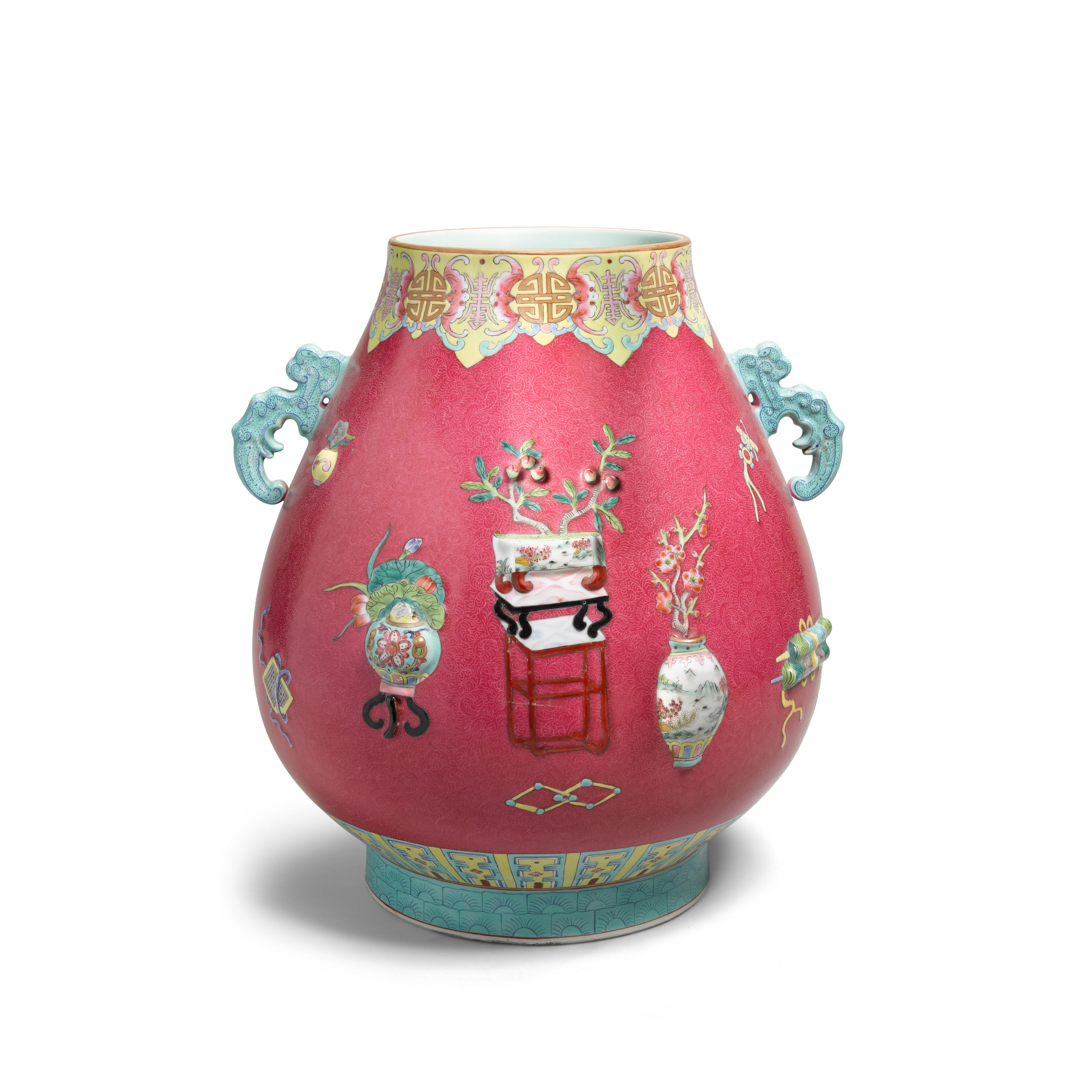 A MOLDED FAMILLE ROSE ONE HUNDRED ANTIQUES HU FORM VASE