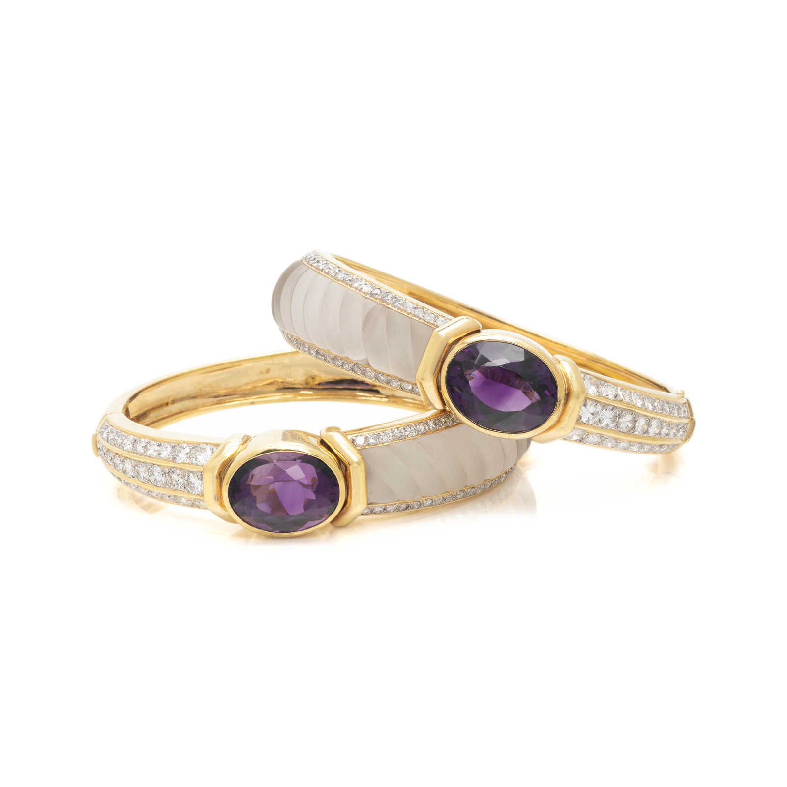 AMETHYST ROCK CRYSTAL AND DIAMOND BANGLE BRACELET SET Consisting of