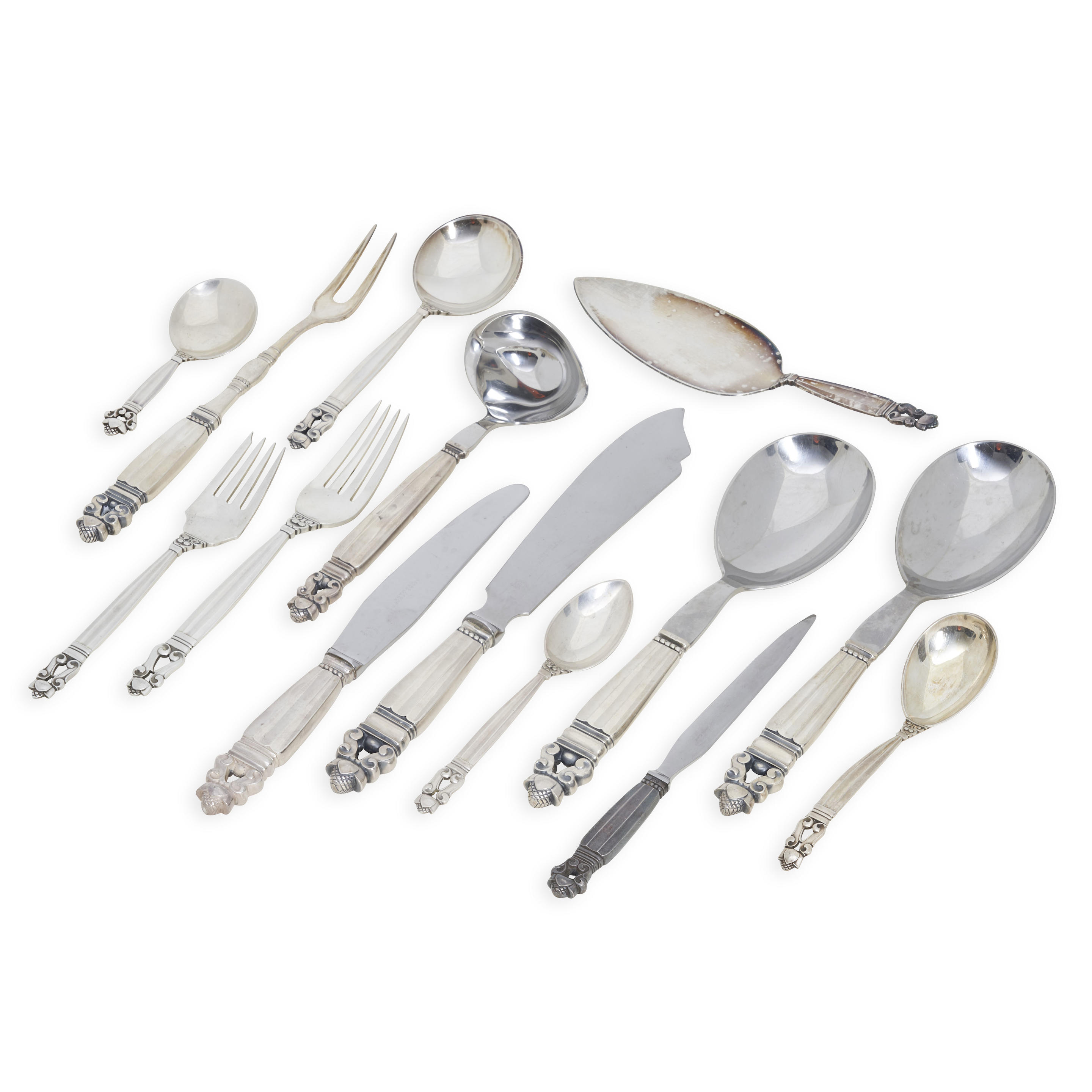 GEORG JENSEN ACORN PATTERN STERLING SILVER FLATWARE SERVICE Denmark mid