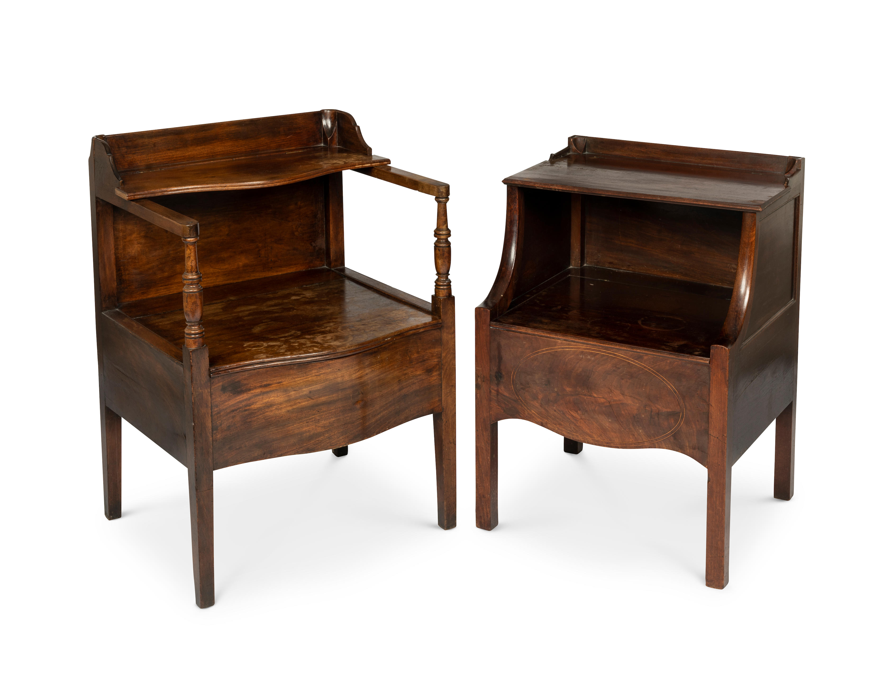 TWO GEORGE III MAHOGANY BEDSIDE COMMODES One with arms on