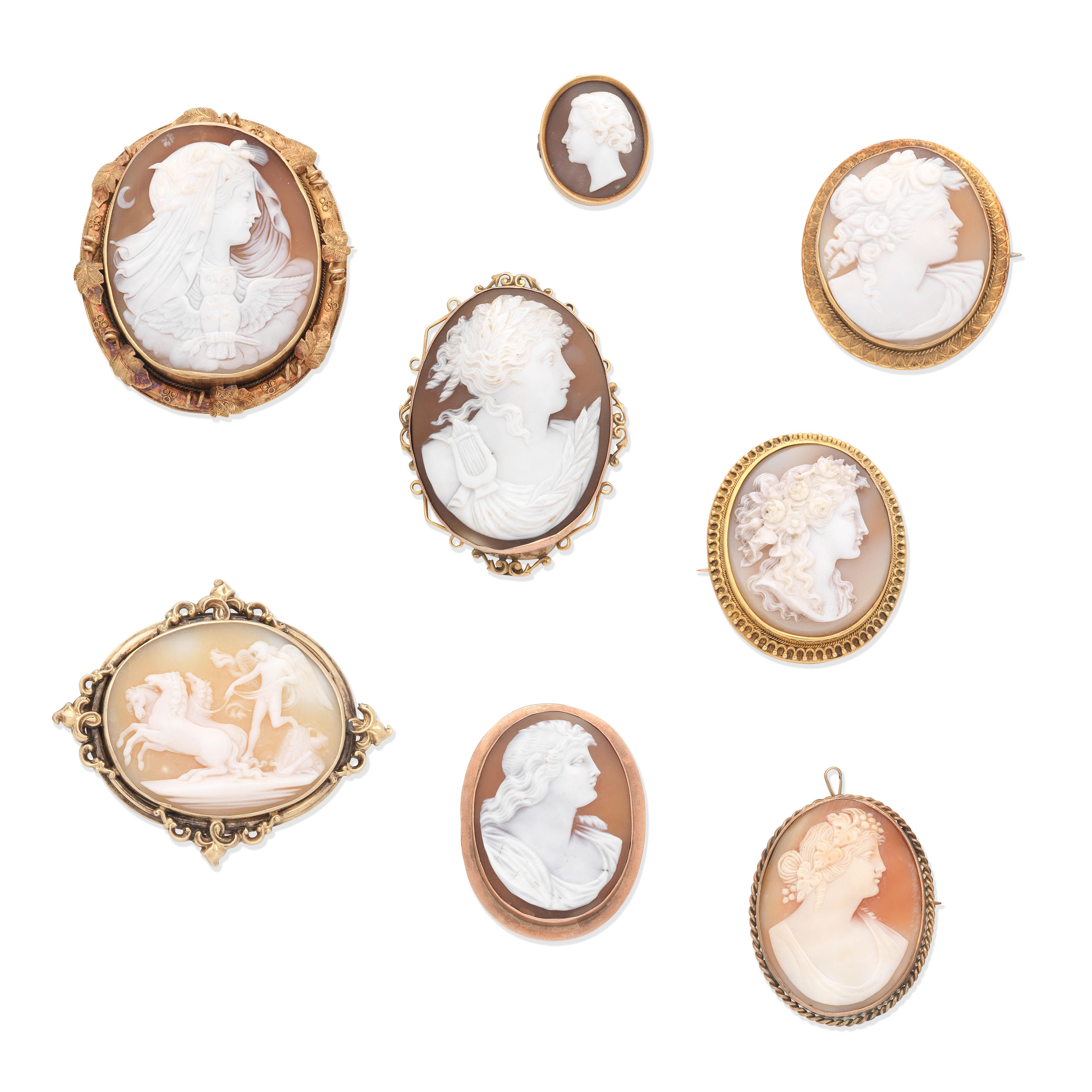 COLLECTION OF SHELL CAMEO BROOCHES 19TH CENTURY 1st A Bacchante