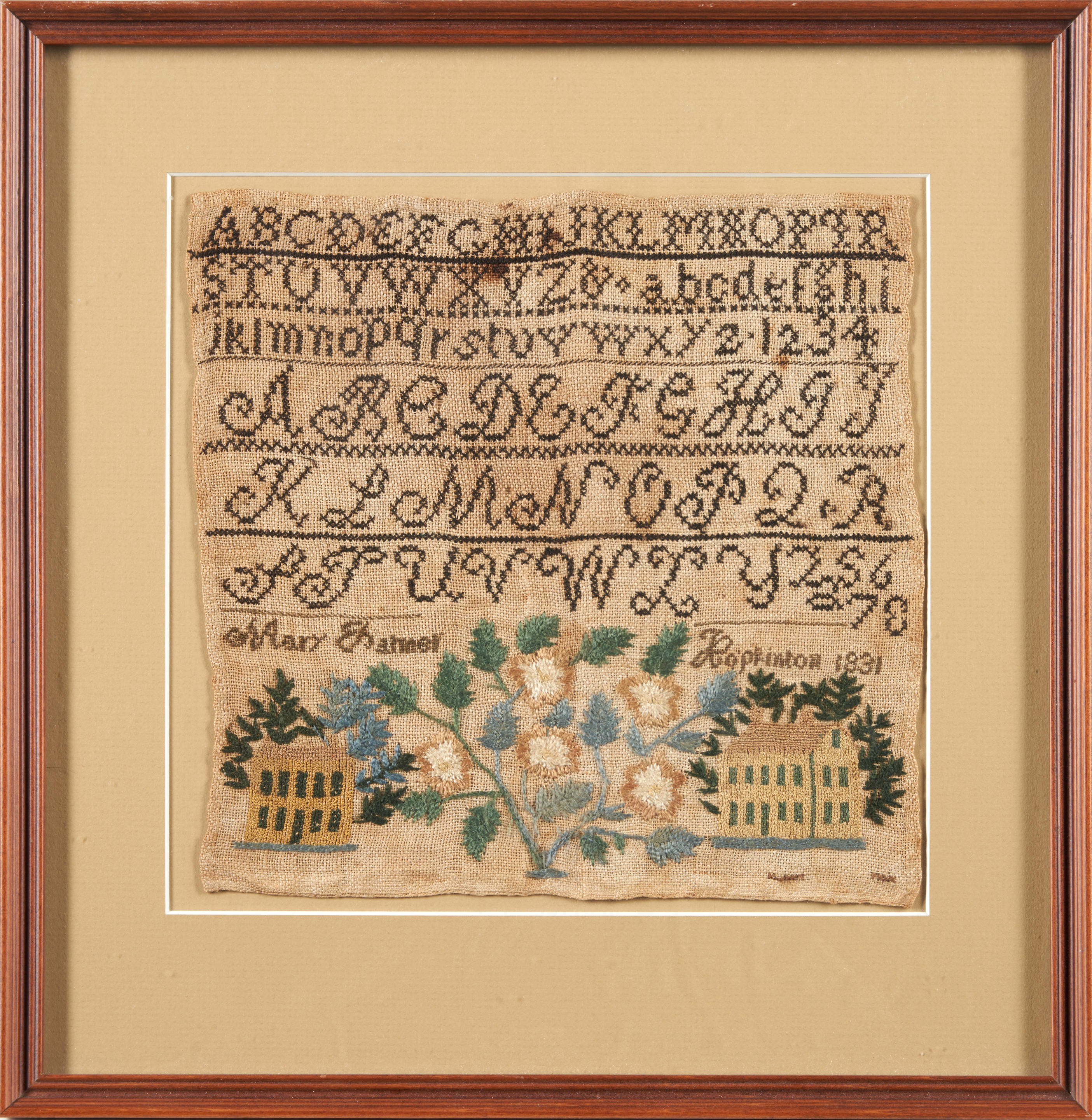 SILK NEEDLEWORK SAMPLER WITH STITCHED HEM signed Mary Palmer New