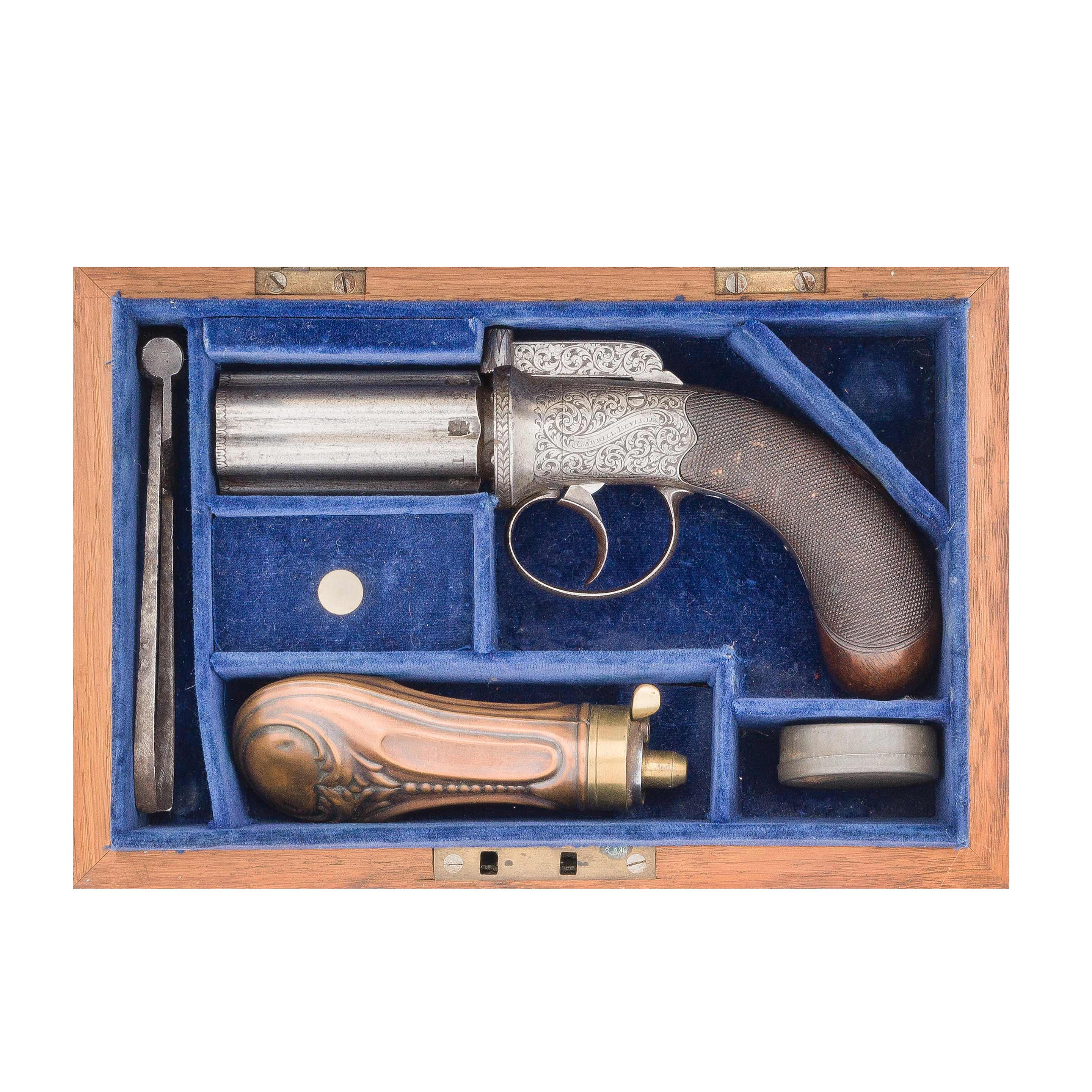 A CASED PERCUSSION SIX SHOT PEPPERBOX REVOLVER BY E AKRILL