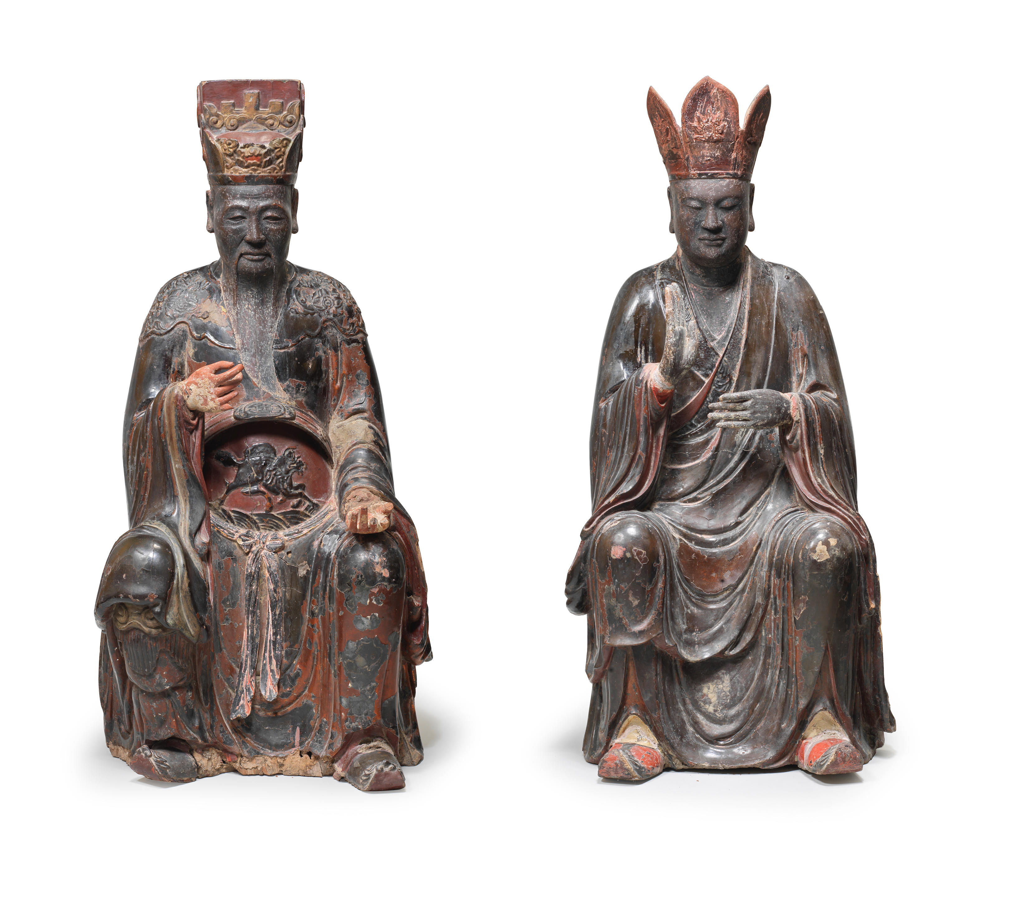 A RARE LARGE PAIR OF LACQUERED WOOD FIGURES OF DIGNITARIES