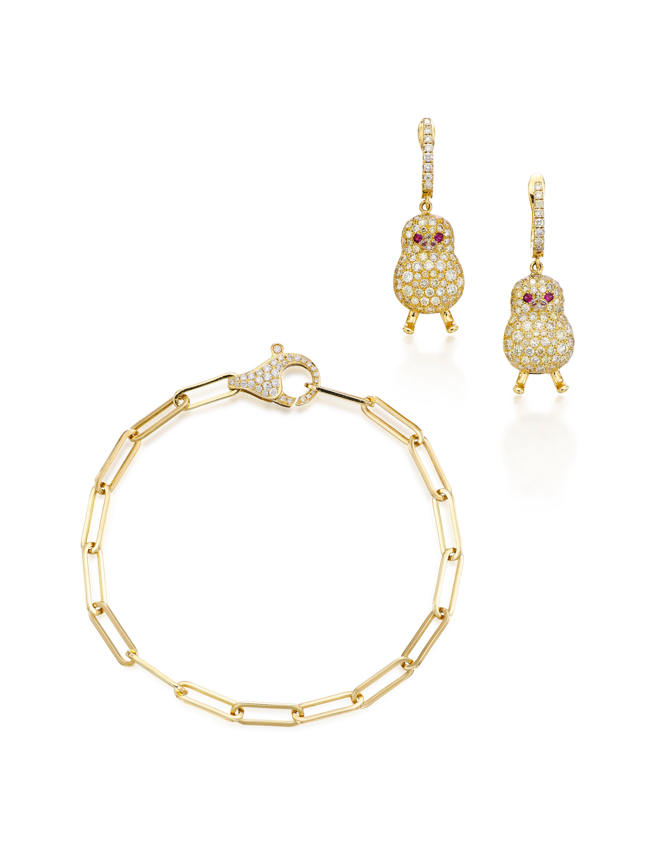 COLOURED DIAMOND DIAMOND AND GEM SET LITTLE CHICK BRACELET AND