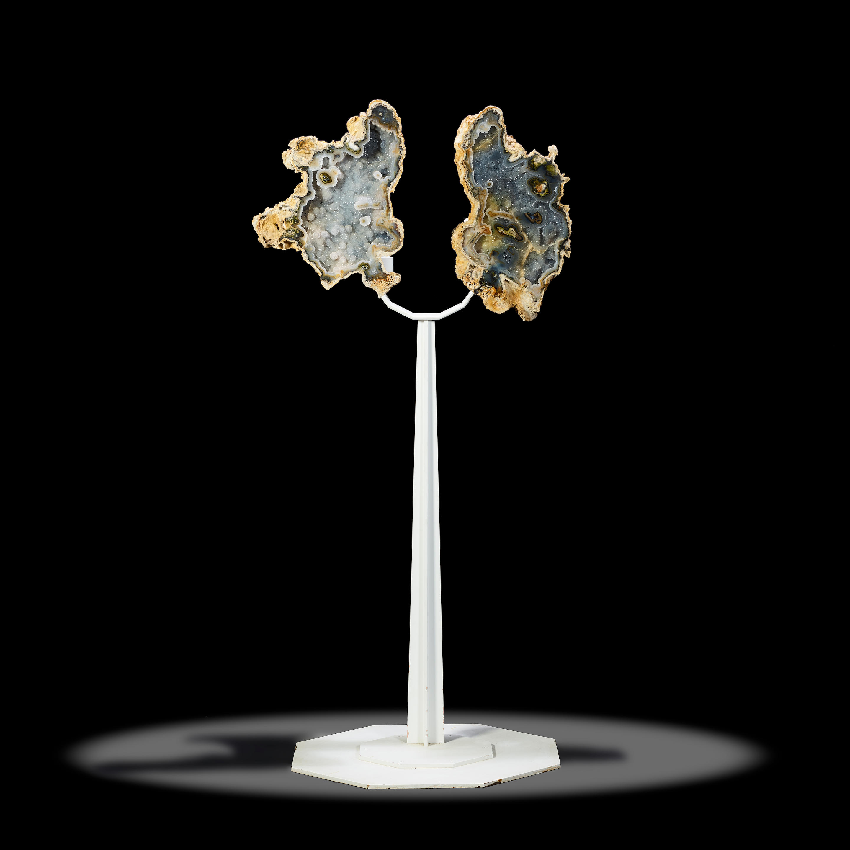 AGATE AND DRUZY QUARTZ GEODE SPLIT ON CUSTOM STAND Brazil