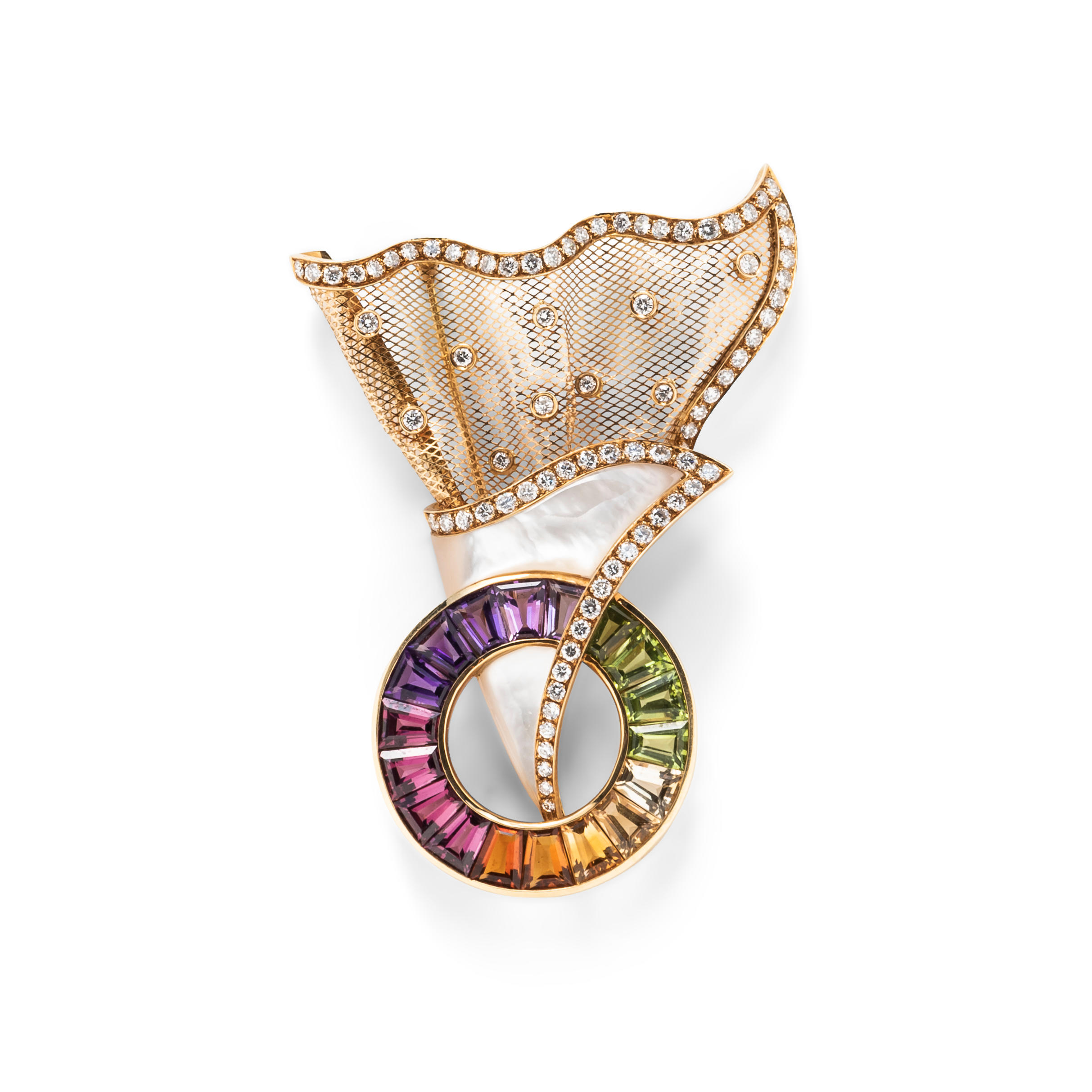 AN 18K GOLD GEM SET BROOCH Set with a rainbow