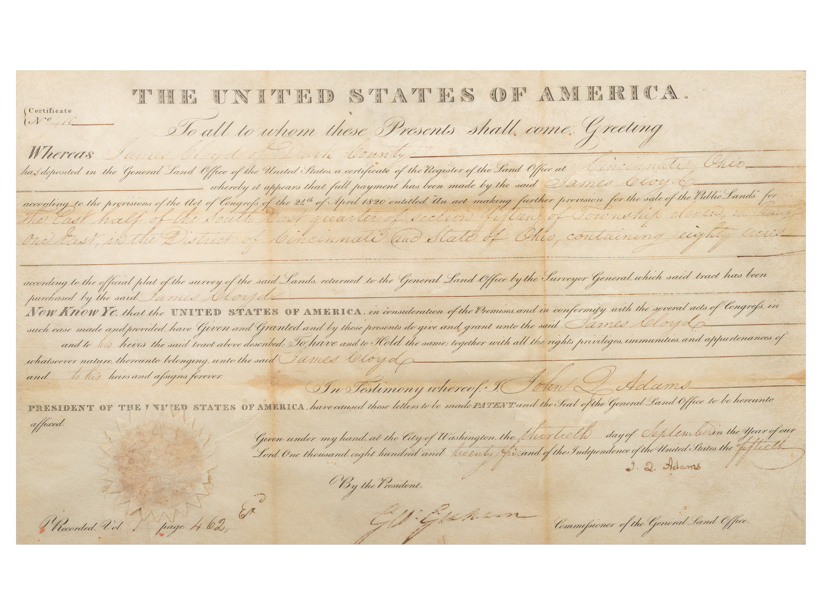 ADAMS John Quincy 1767 1848 Partly printed land document signed