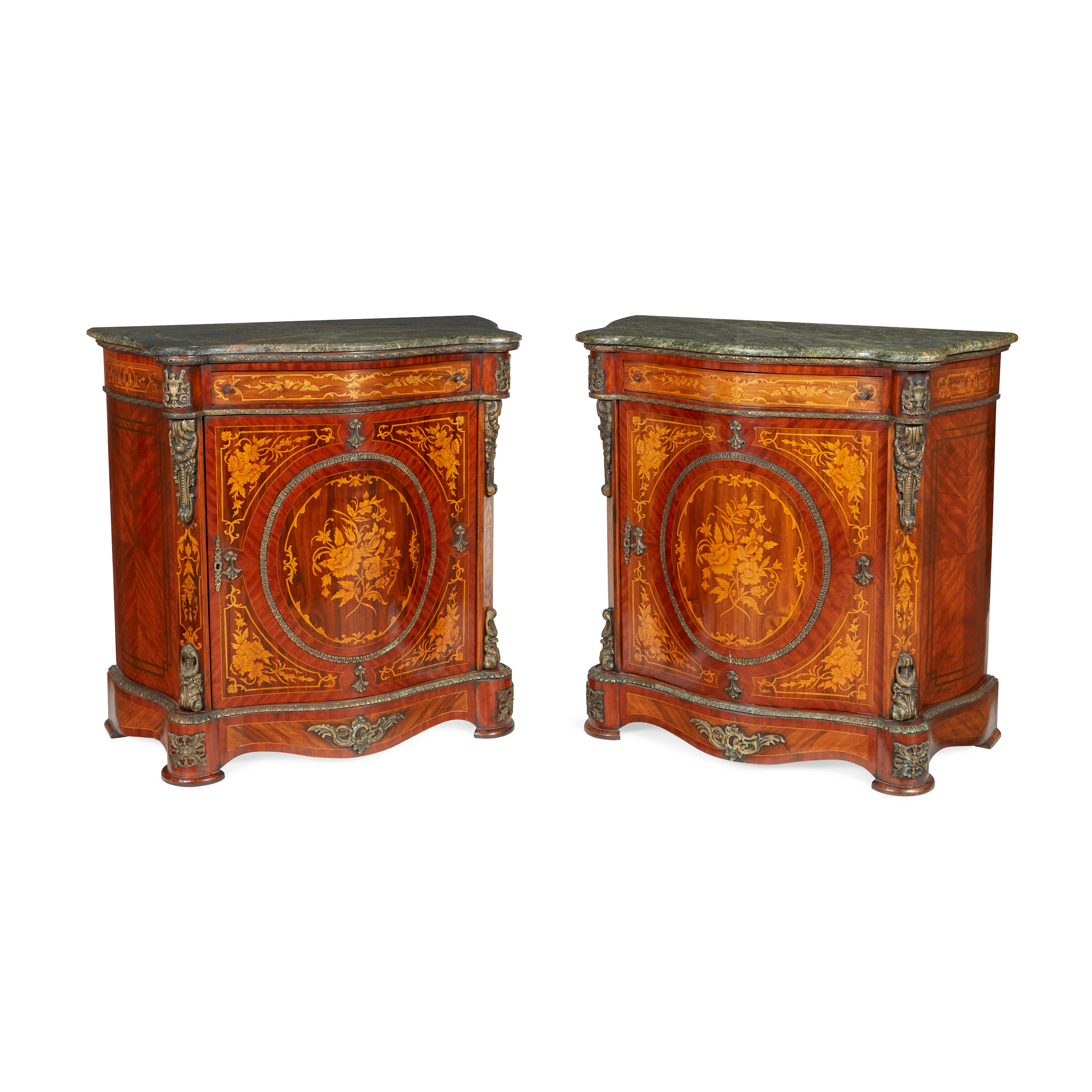 A PAIR OF NAPOLEON III STYLE VERDE ANTICO MARBLE TOP