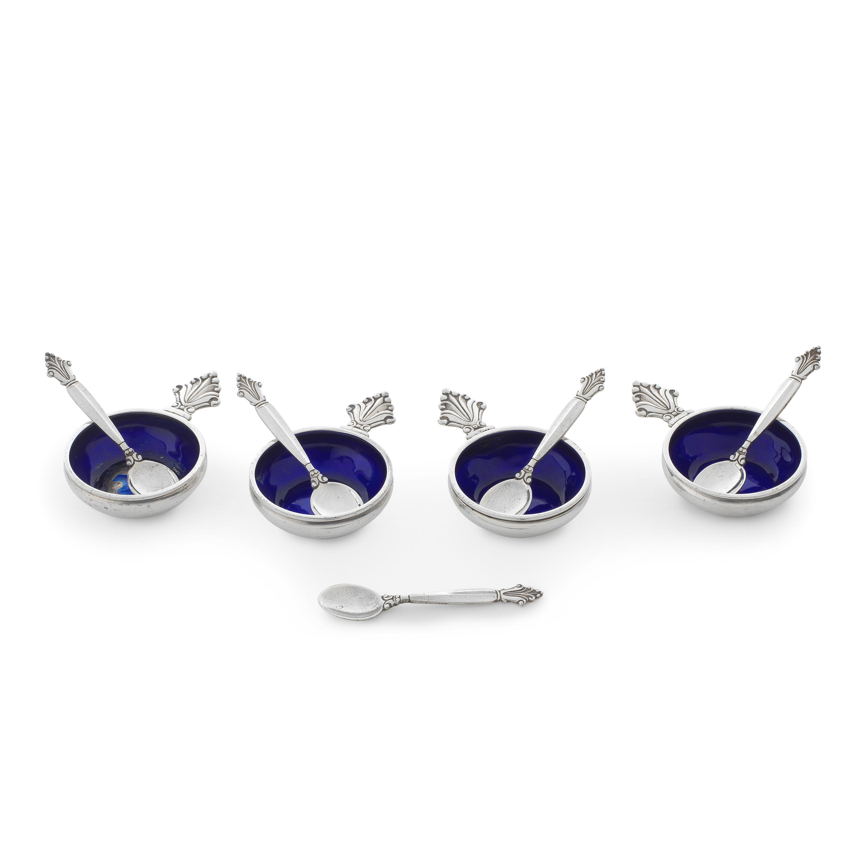 FOUR DANISH SILVER AND ENAMEL OPEN SALTS WITH FIVE MATCHING