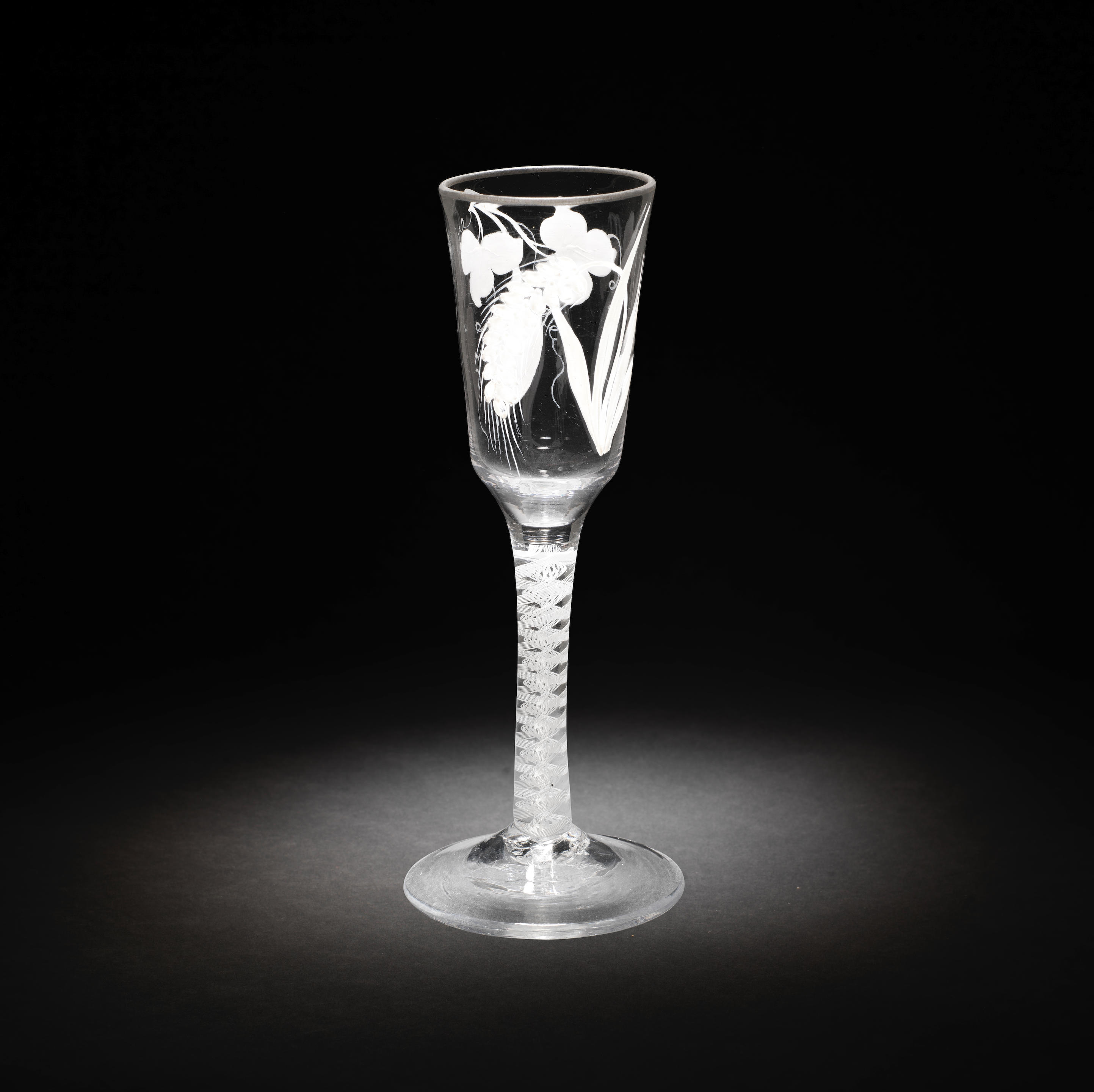 A BEILBY ENAMELLED OPAQUE TWIST ALE GLASS CIRCA 1765 70