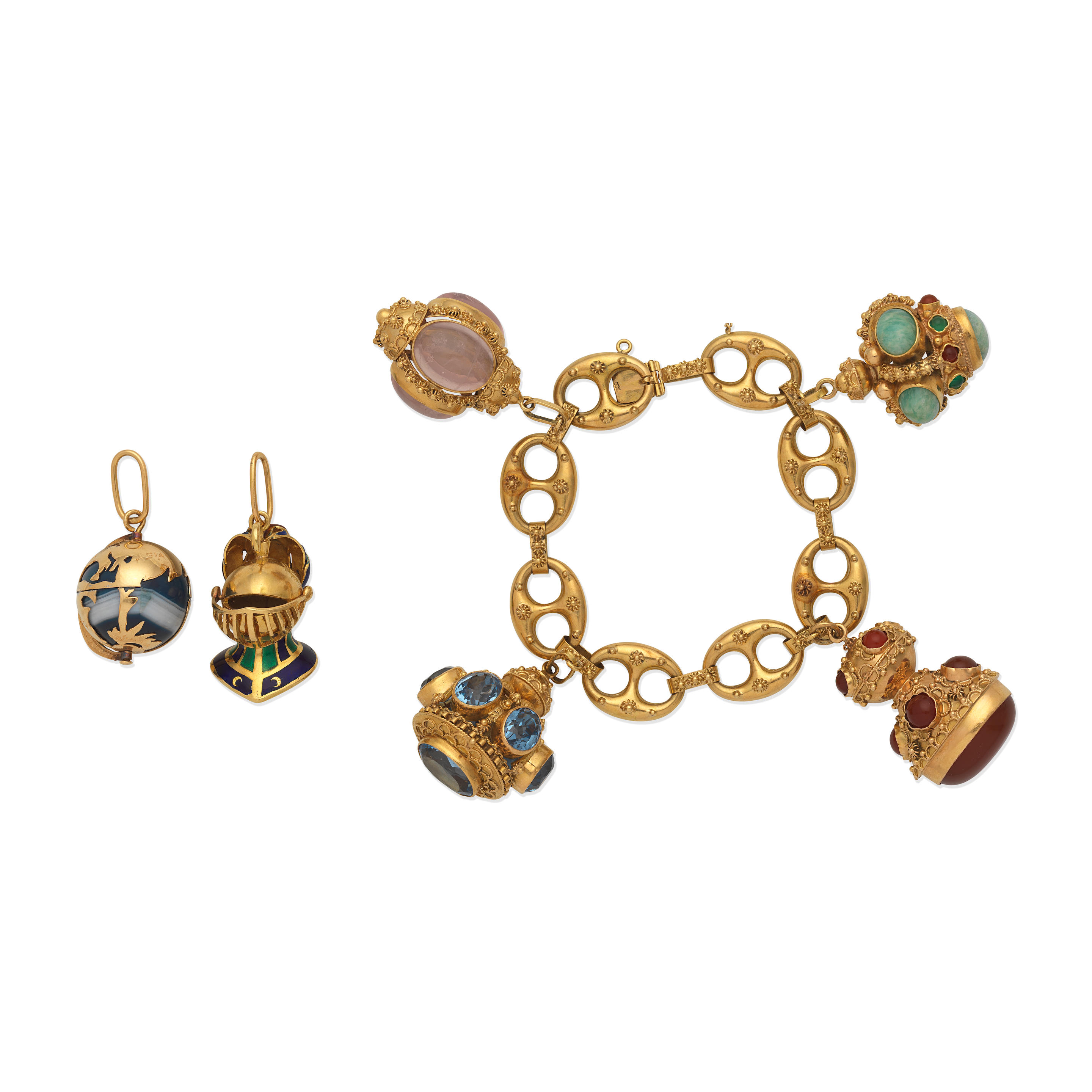 GEM SET CHARM BRACELET AND TWO CHARMS The bracelet suspending