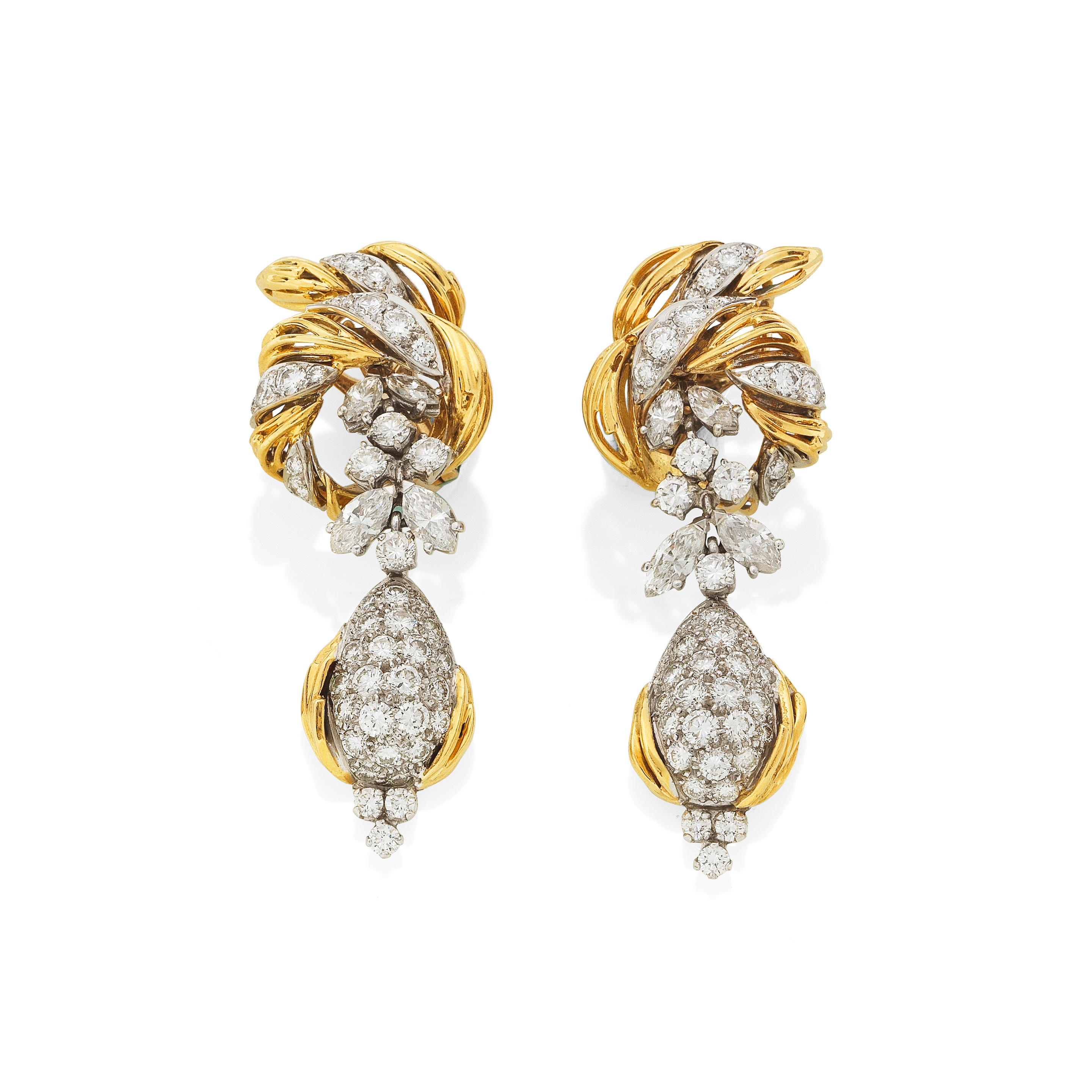 KUTCHINSKY PAIR OF DIAMOND PENDENT EARRINGS 1976 The wirework leaves
