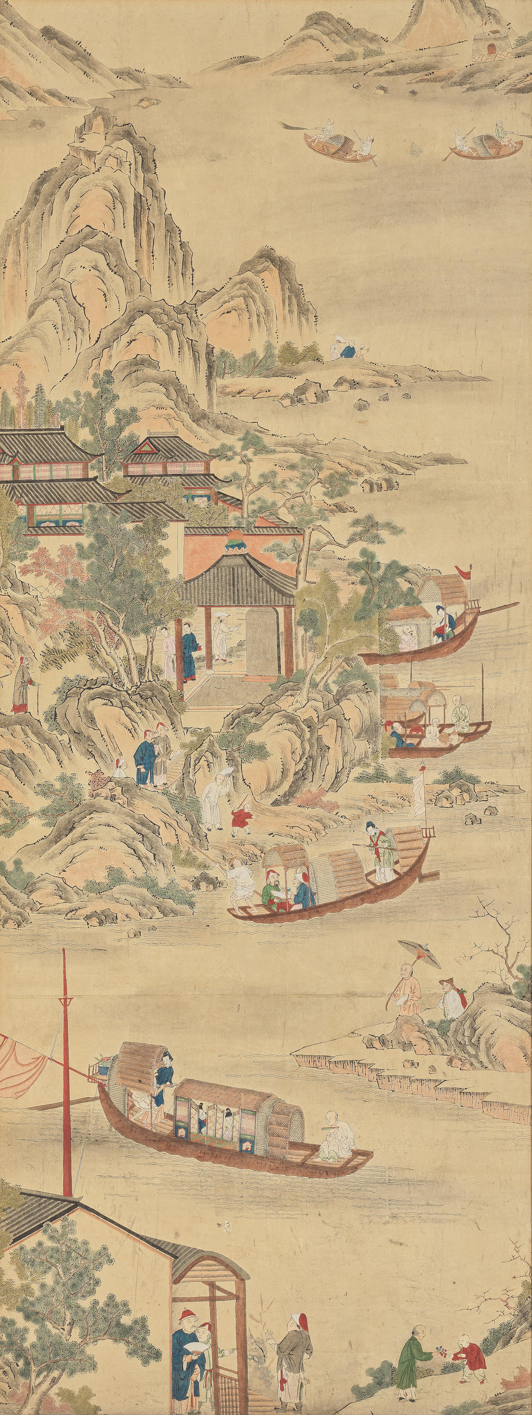 A LARGE CANTON LANDSCAPE PAINTED WALLPAPER PANEL Early 18th century