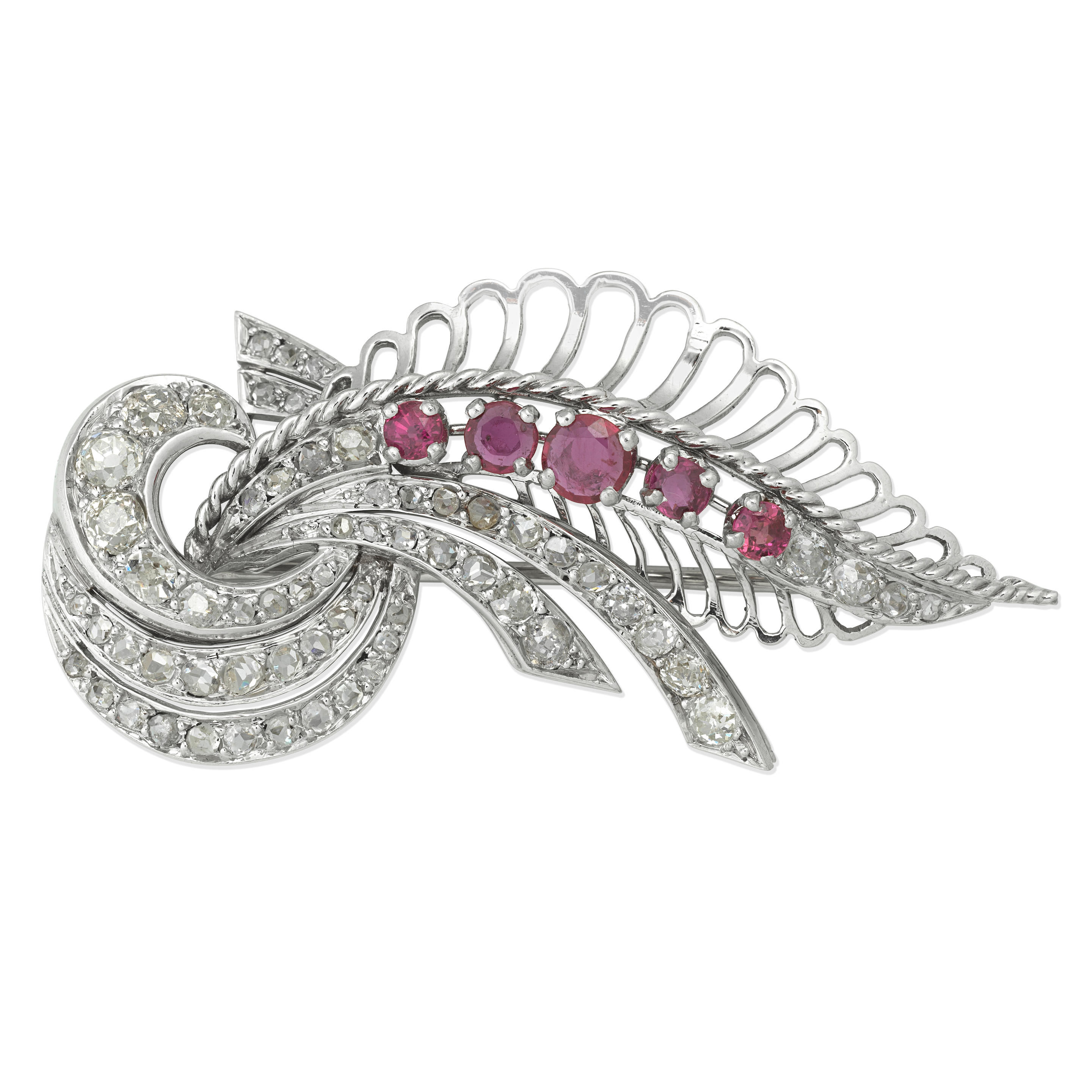 RUBY AND DIAMOND SPRAY BROOCH Circular cut rubies Cushion shaped
