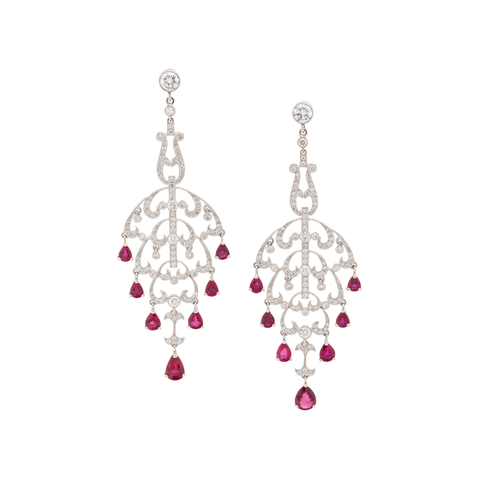 RUBY AND DIAMOND EARRINGS Containing 14 pear shaped rubies measuring
