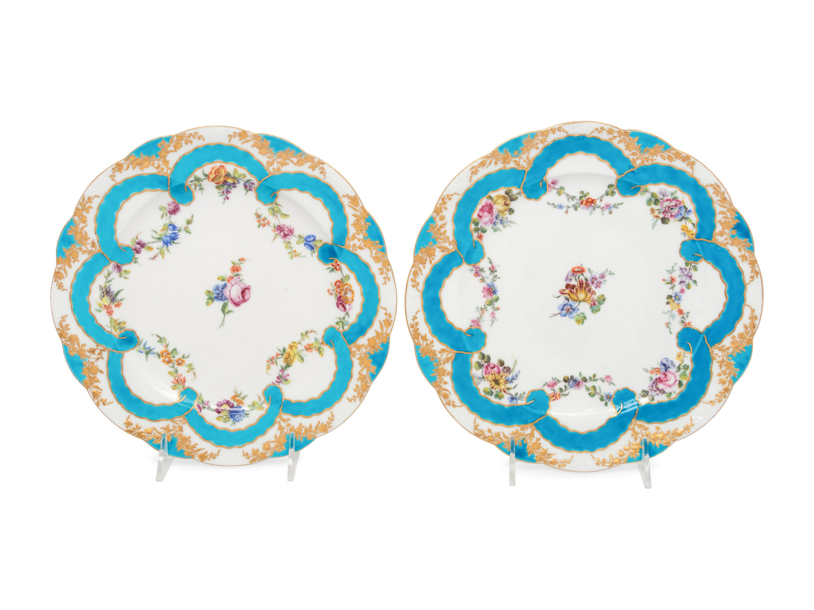 Two Vincennes Bleu C leste Ribbon Decorated Porcelain Plates Assiettes