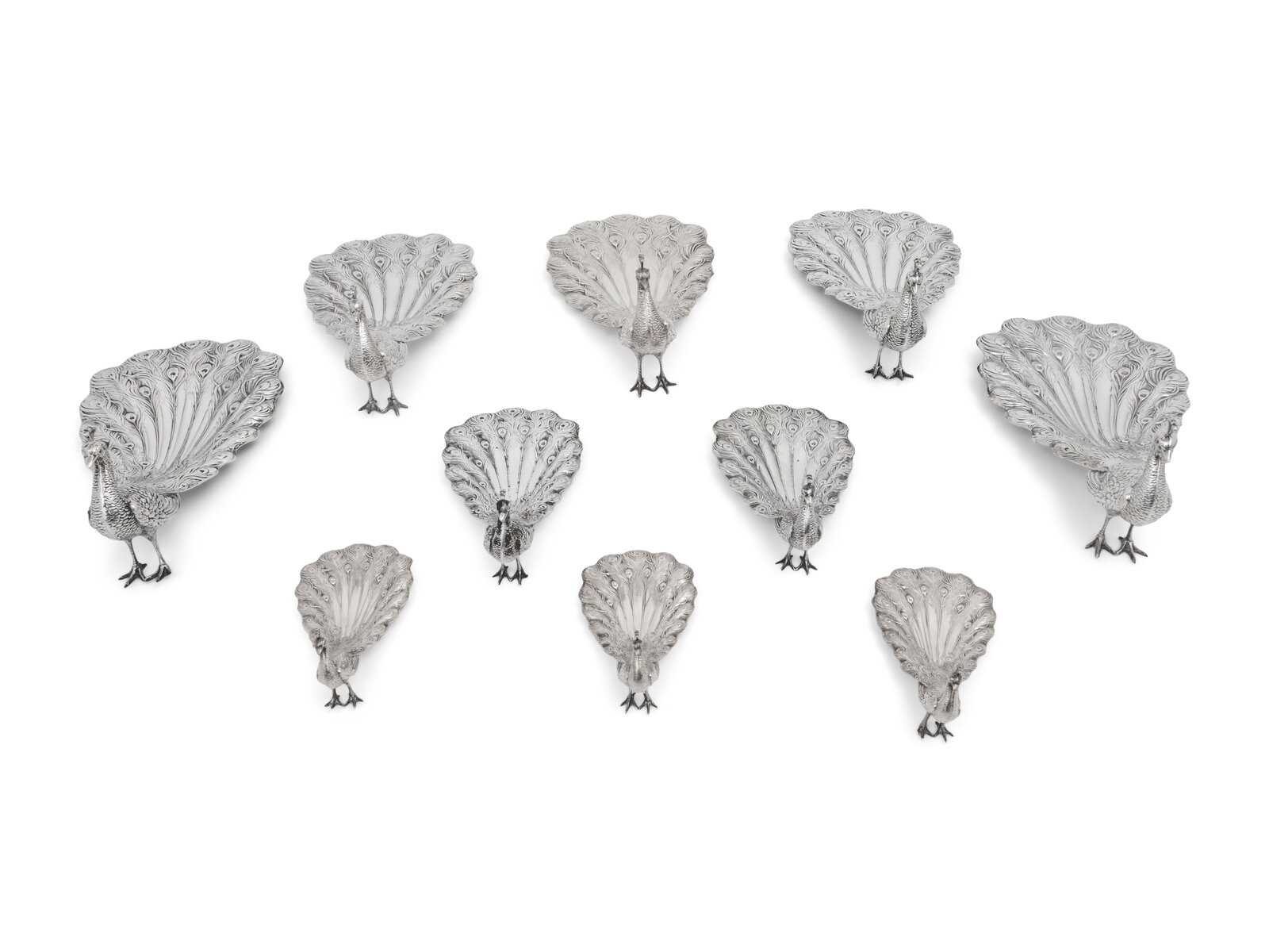 A Collection of Ten American Silver Peacock Table Ornaments Various