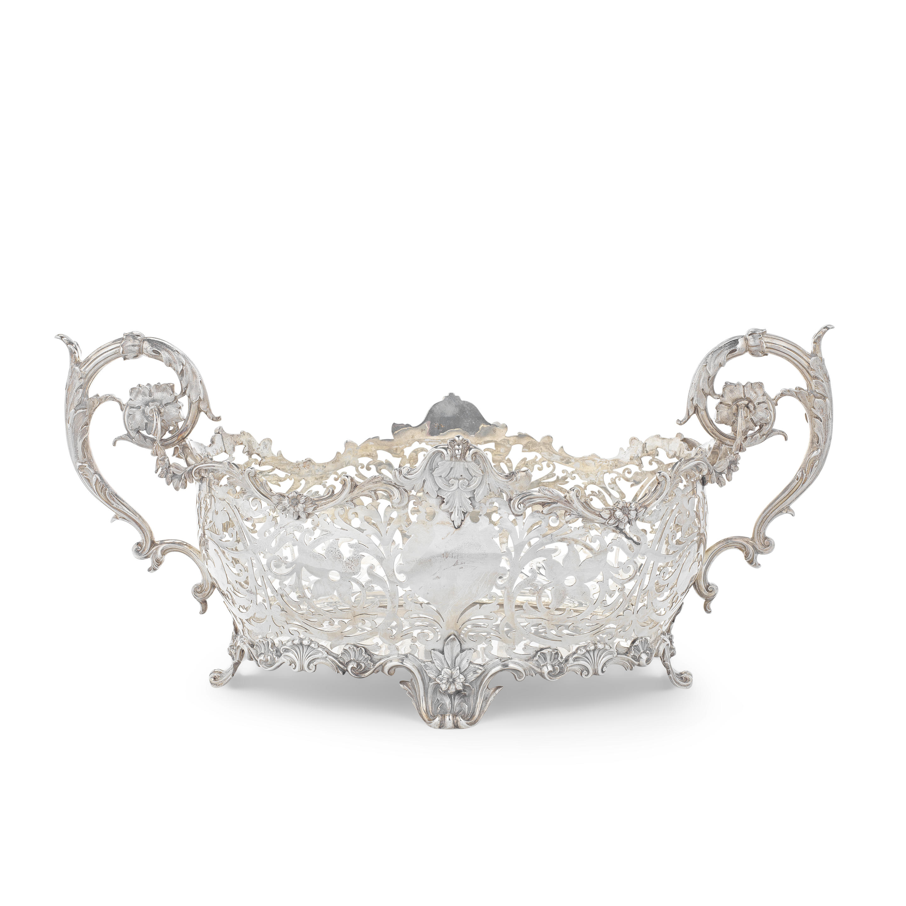 A LARGE VICTORIAN PIERCED SILVER TWO HANDLED BOWL CENTREPIECE Barnards