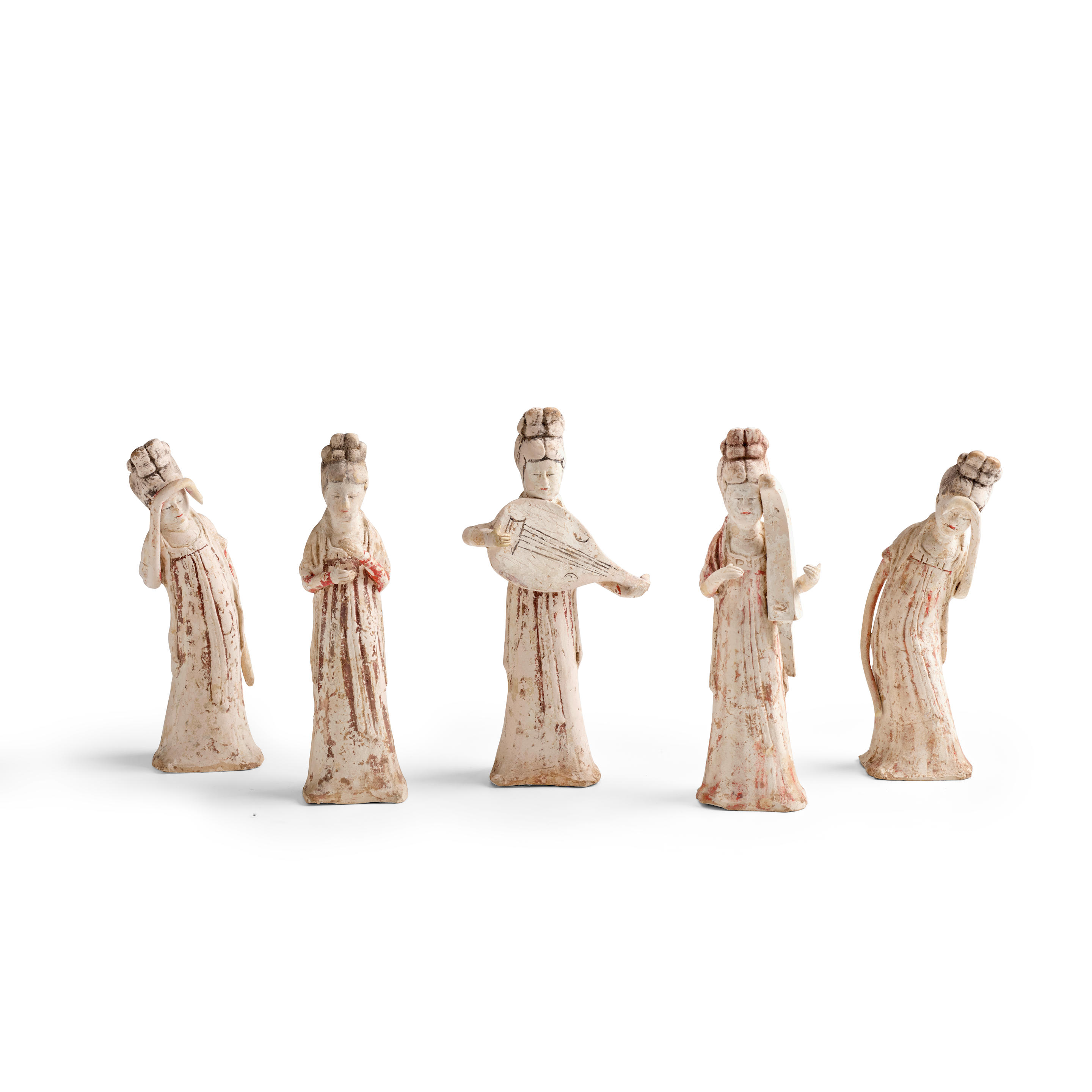 A SET OF FIVE PAINTED POTTERY FIGURES OF COURT MUSICIANS