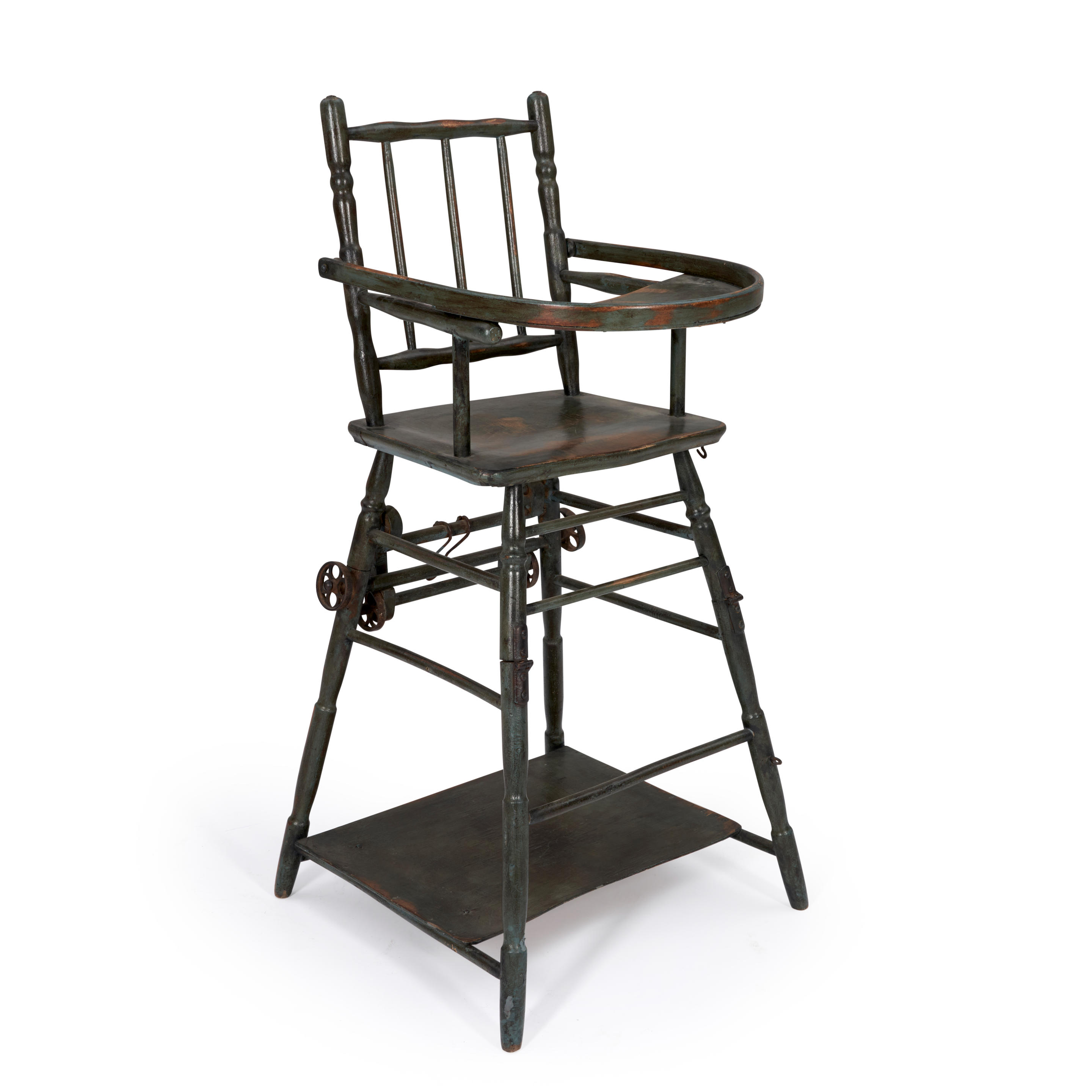 VICTORIAN GREEN PAINTED HIGHCHAIR England late 19th century with metal
