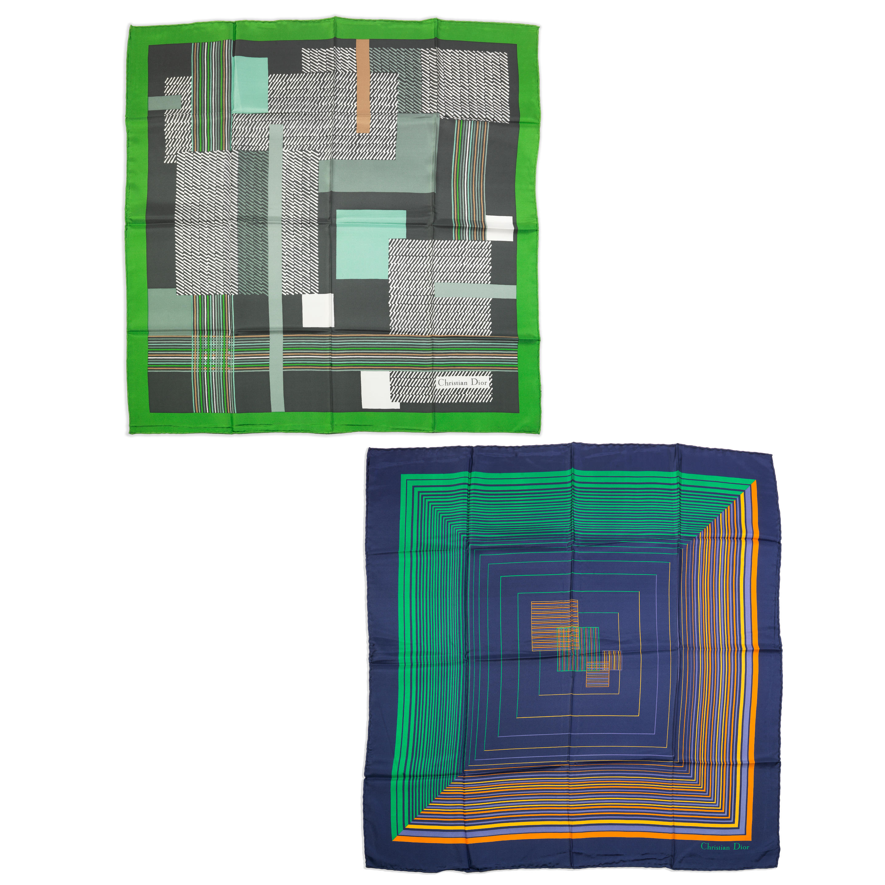 CHRISTIAN DIOR TWO SILK SCARVES 1980s On in shades of