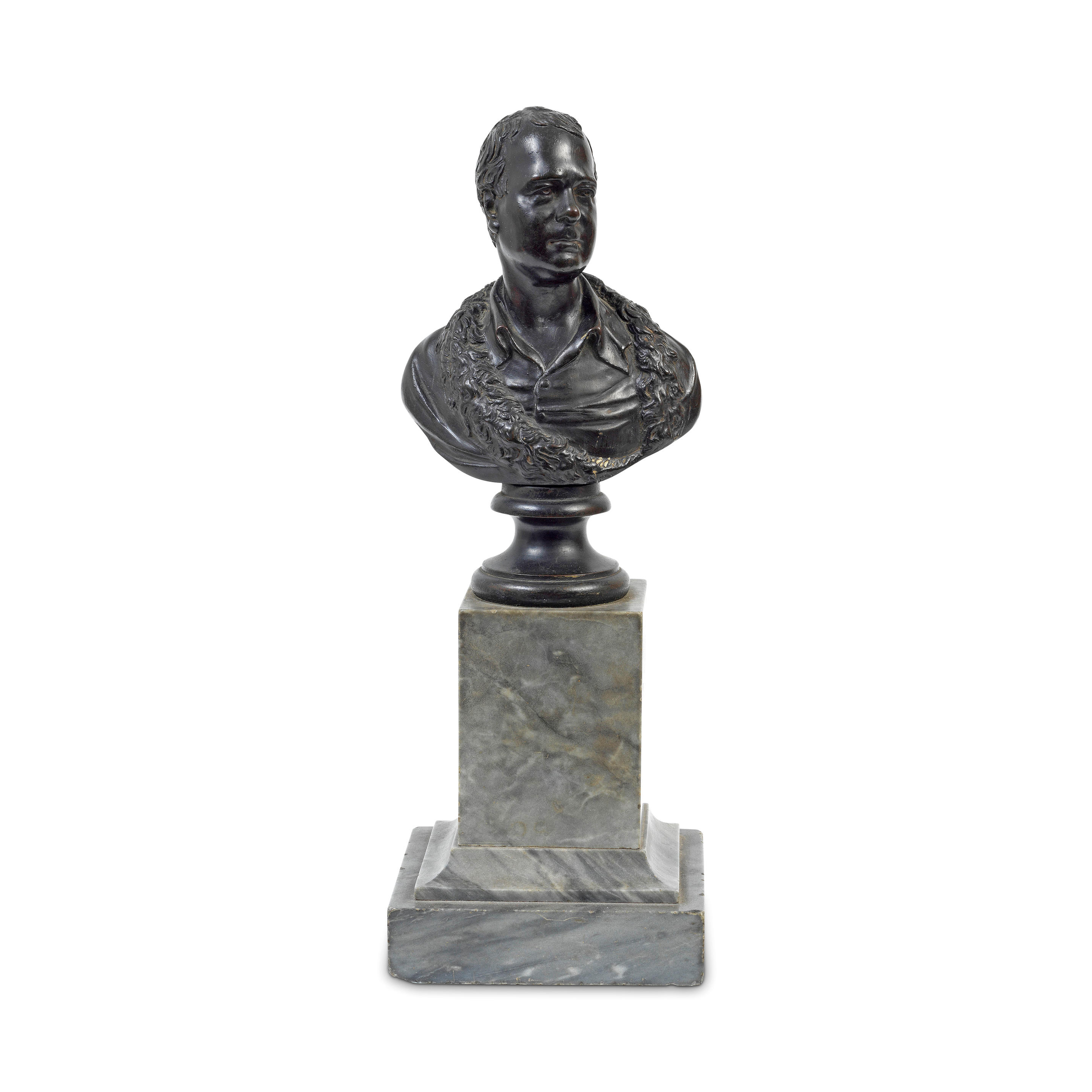 A FIRST QUARTER 19TH CENTURY ENGLISH PATINATED BRONZE BUST DEPICTING