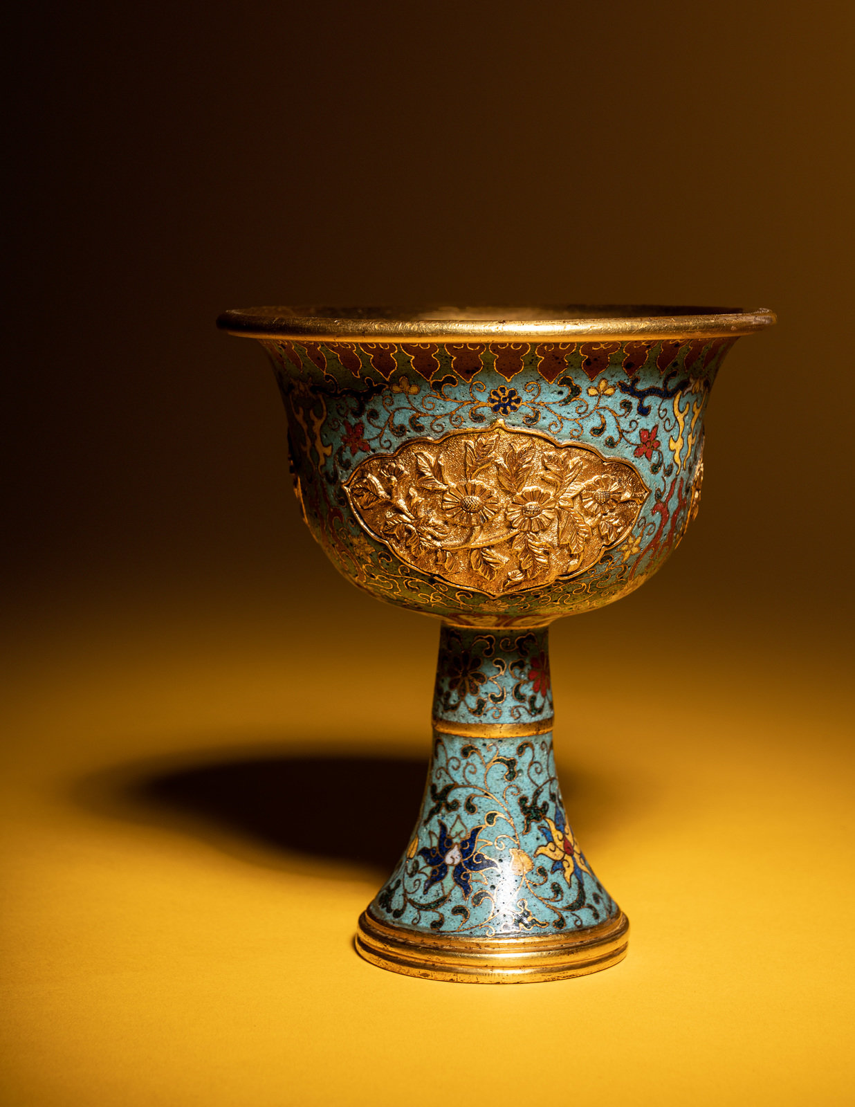 A Cloisonn Enamel Stem Cup having flaring walls raised above