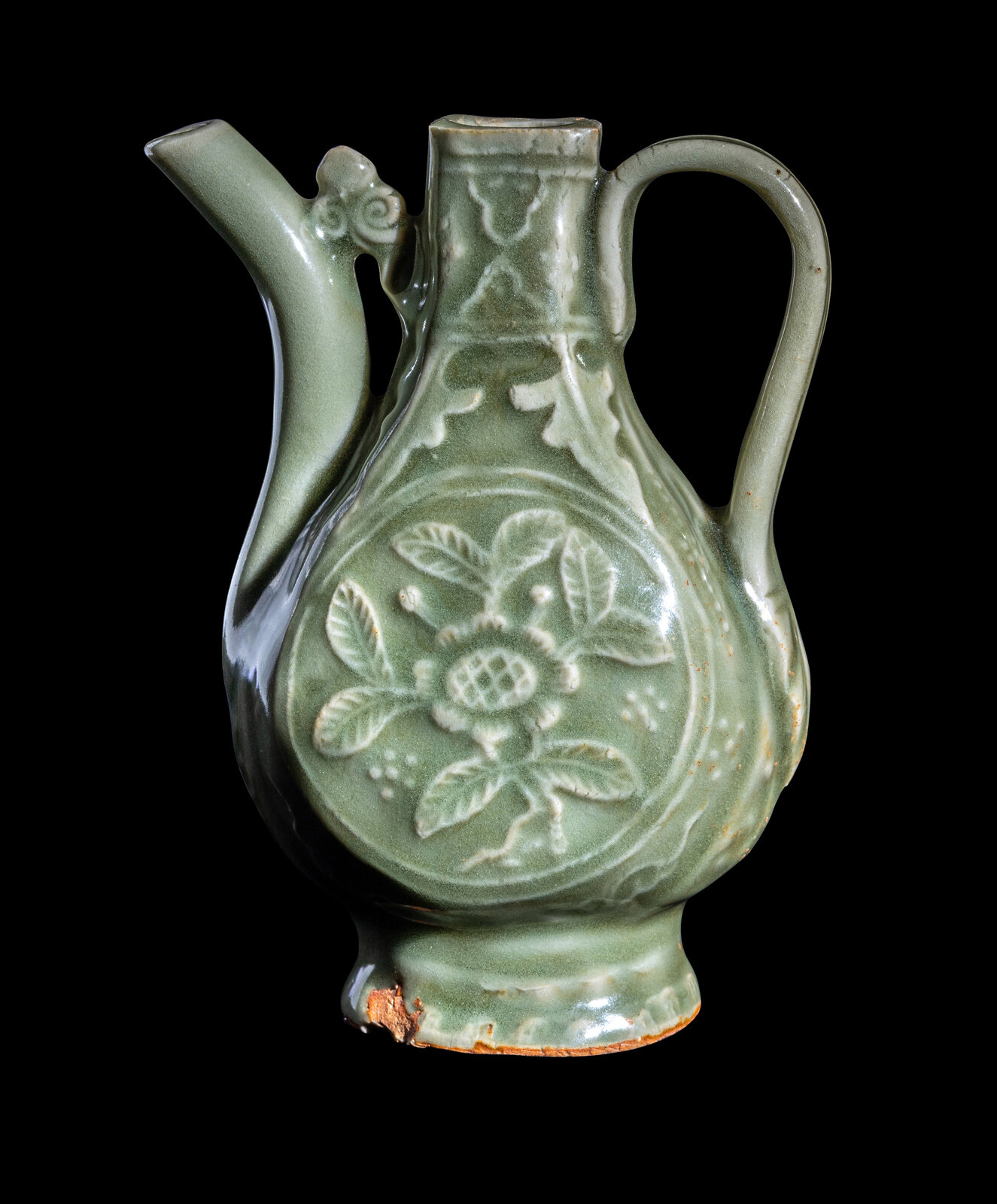 A Chinese Carved Longquan Celadon Glazed Porcelain Ewer Yuan Ming
