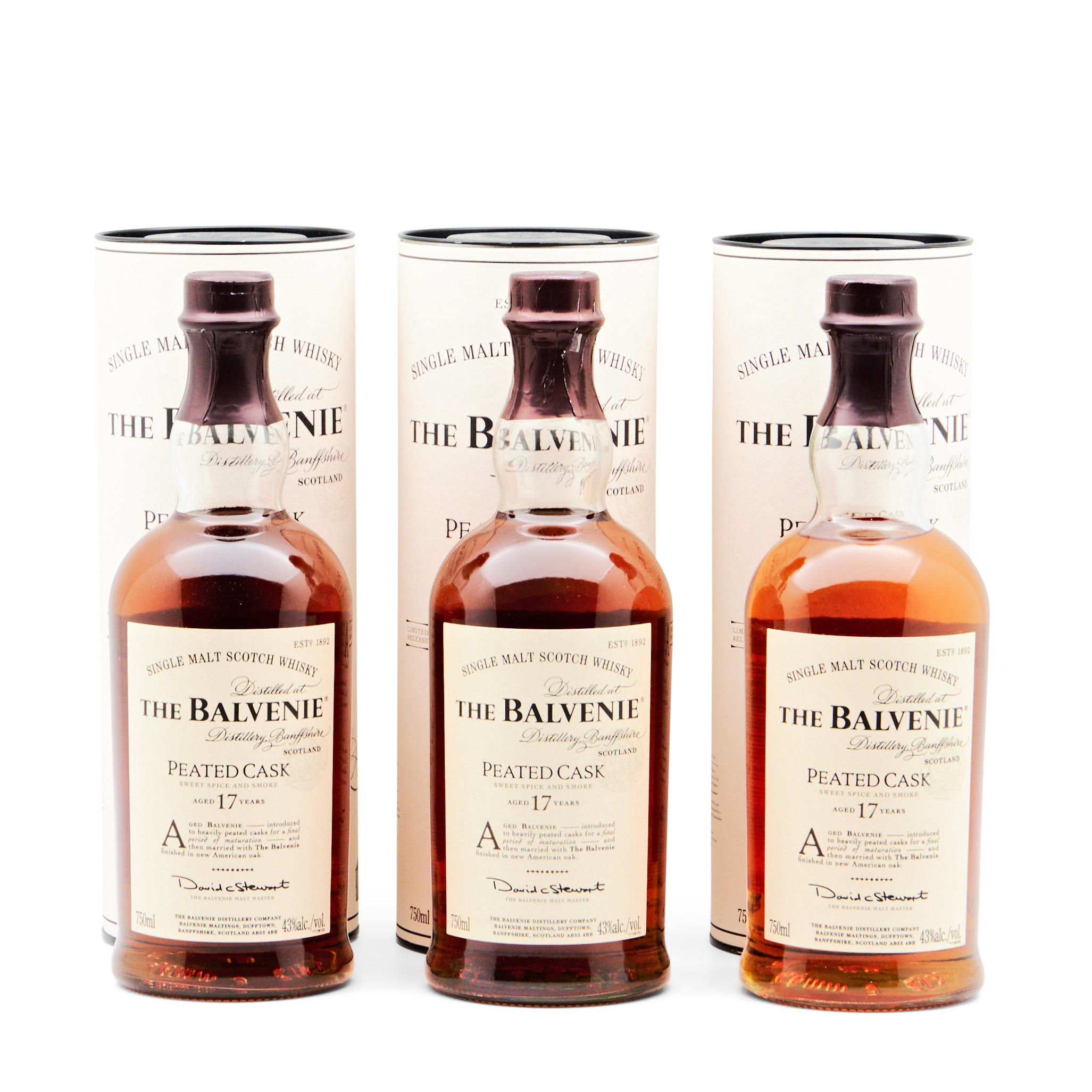 BALVENIE 17 YEARS OLD PEATED CASK 3 750ML BOTTLES Balvenie