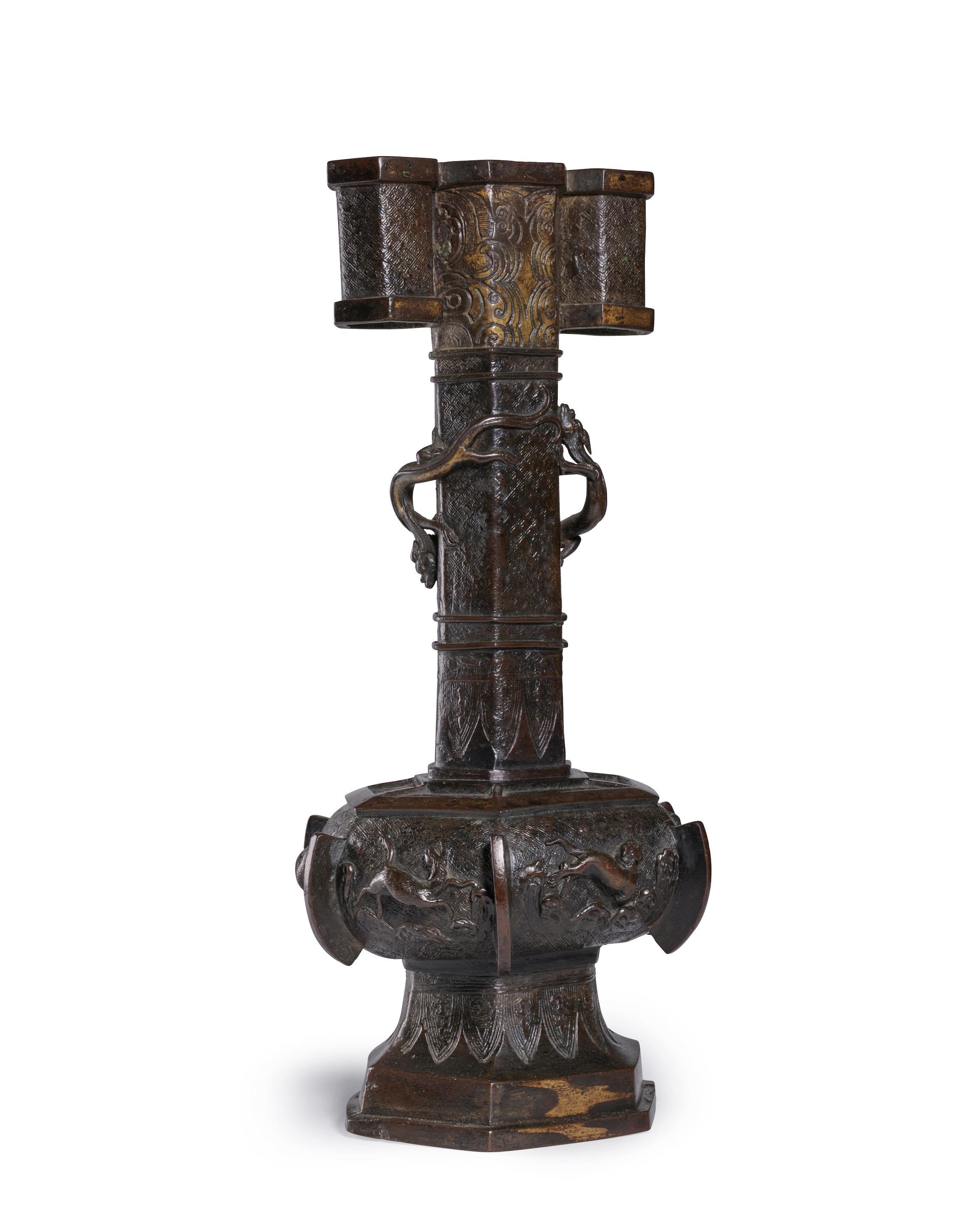 A LARGE PARCEL GILT BRONZE HEXAGONAL ARROW VASE TOUHU Ming