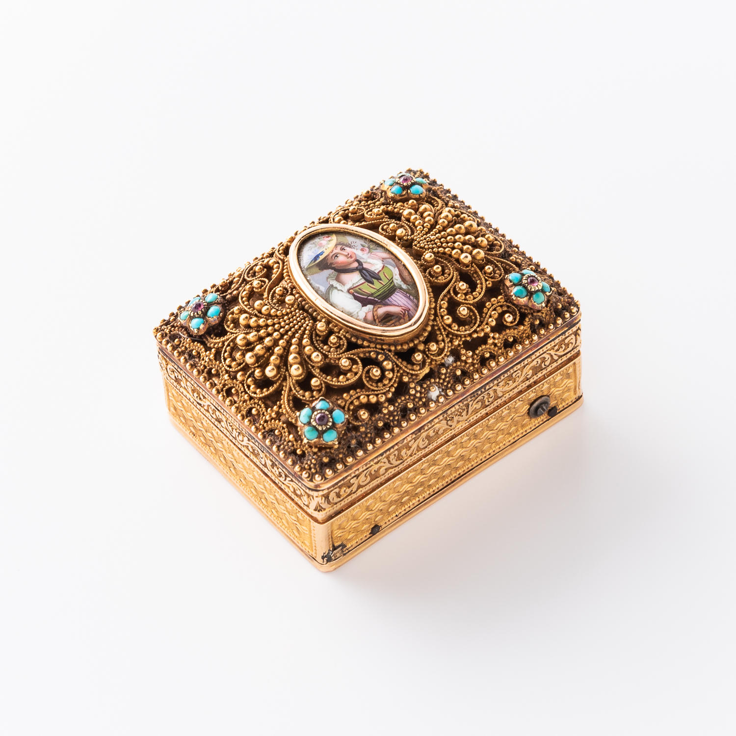 MINIATURE GOLD AMETHYST AND TURQUOISE MUSICAL BOX VINAIGRETTE 19th century