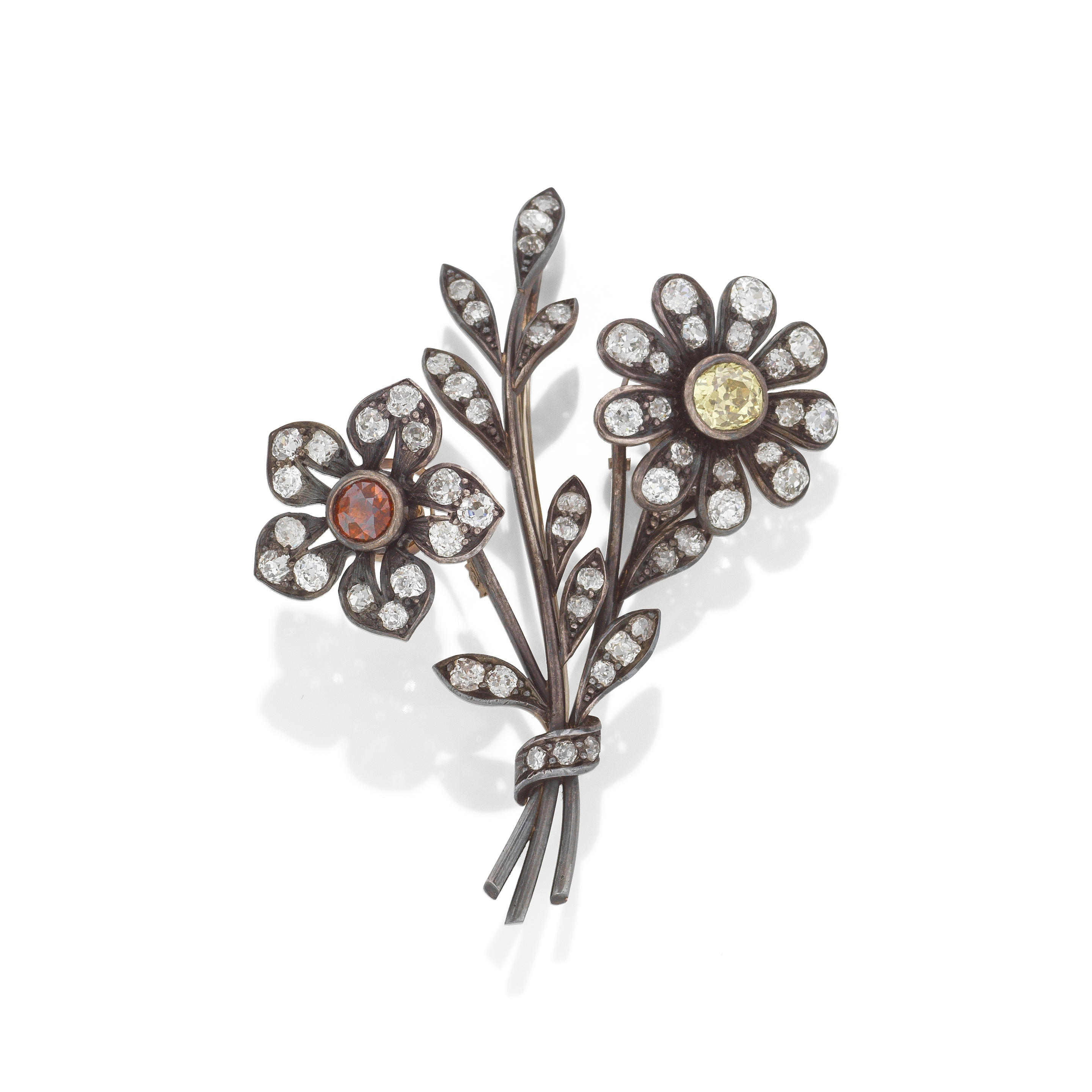 COLOURED DIAMOND AND DIAMOND FLOWER BROOCH LATE 19TH CENTURY Each