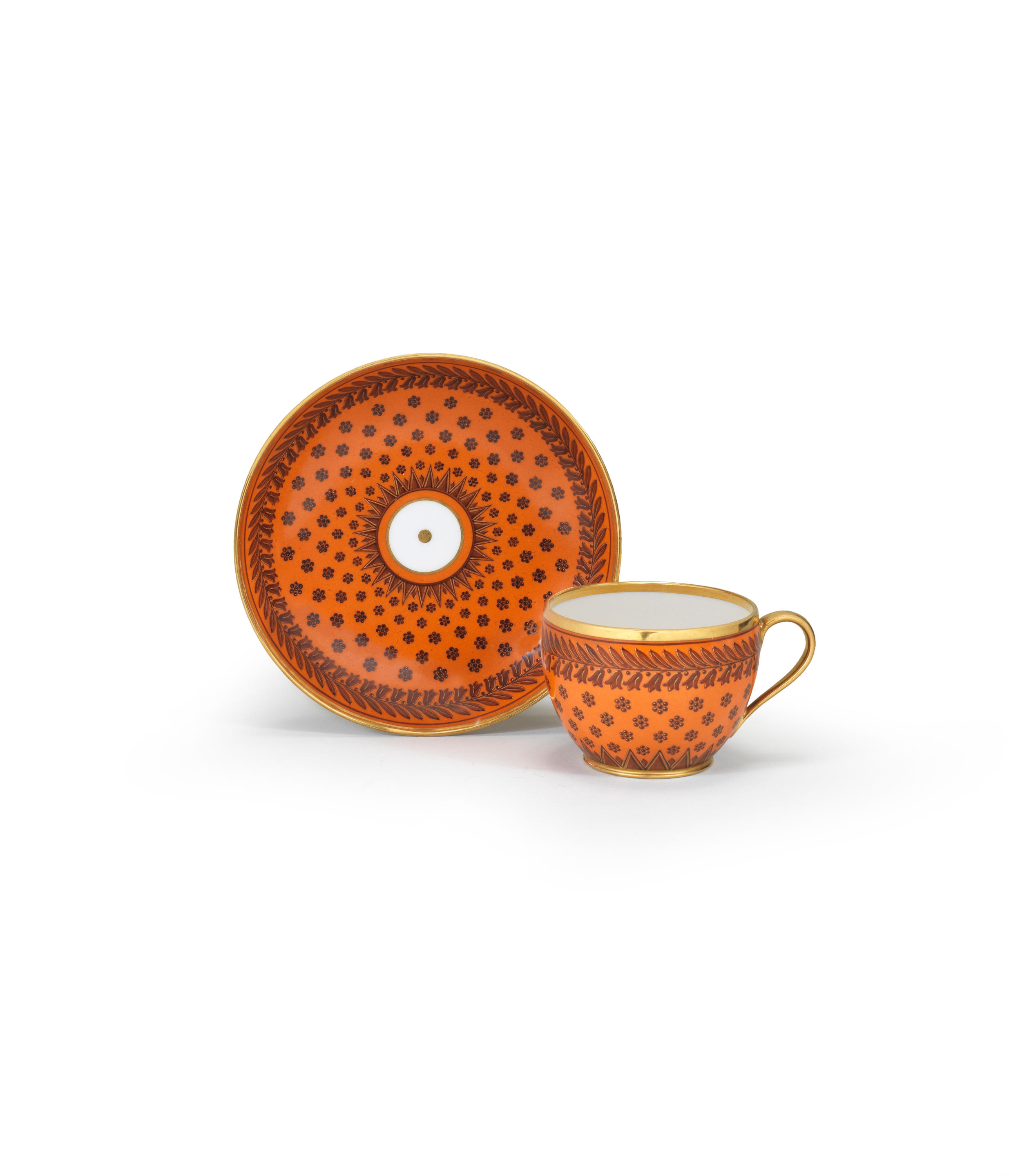 A S VRES ORANGE GROUND CUP AND SAUCER CIRCA 1820
