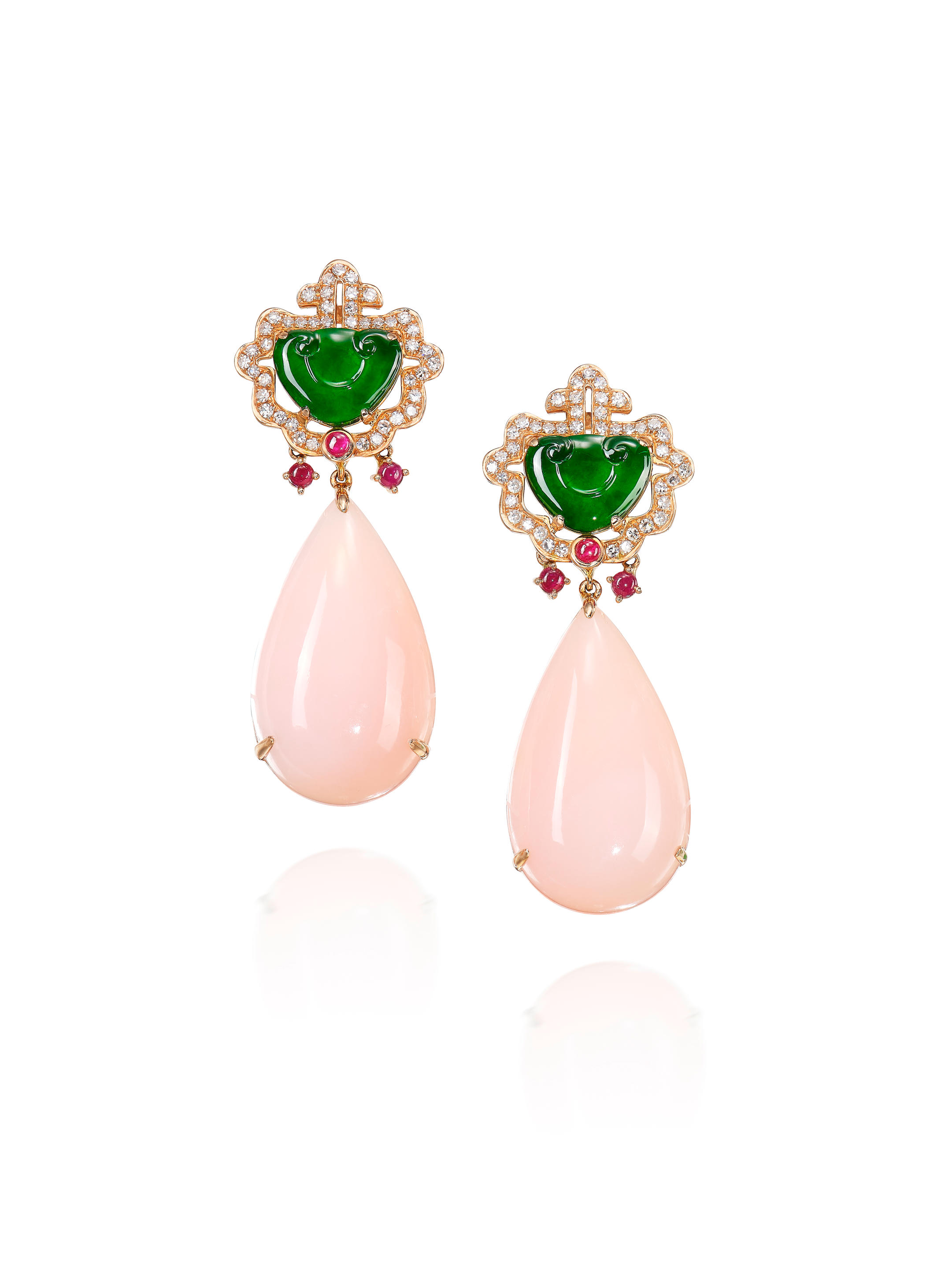 A PAIR OF COLOURED OPAL JADEITE RUYI AND DIAMOND EARRINGS