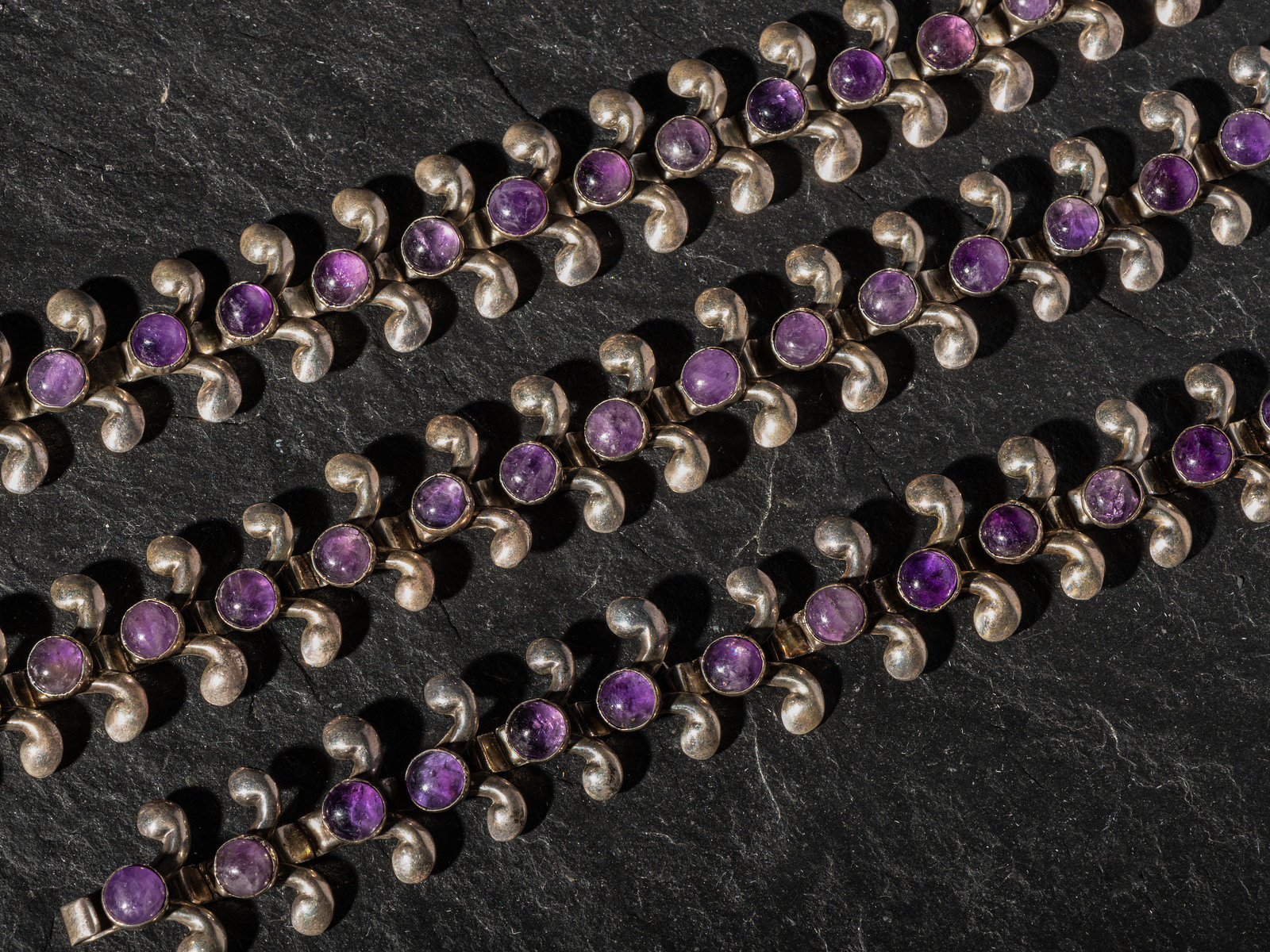 Taxco Silver and Amethyst Link Bracelets mid 20th century lot
