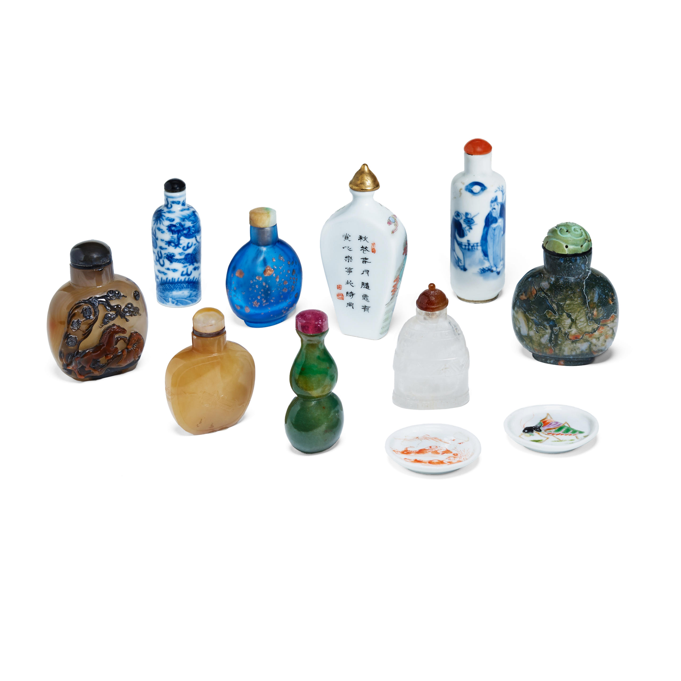 A GROUP OF NINE SNUFF BOTTLES AND TWO SNUFF DISHES