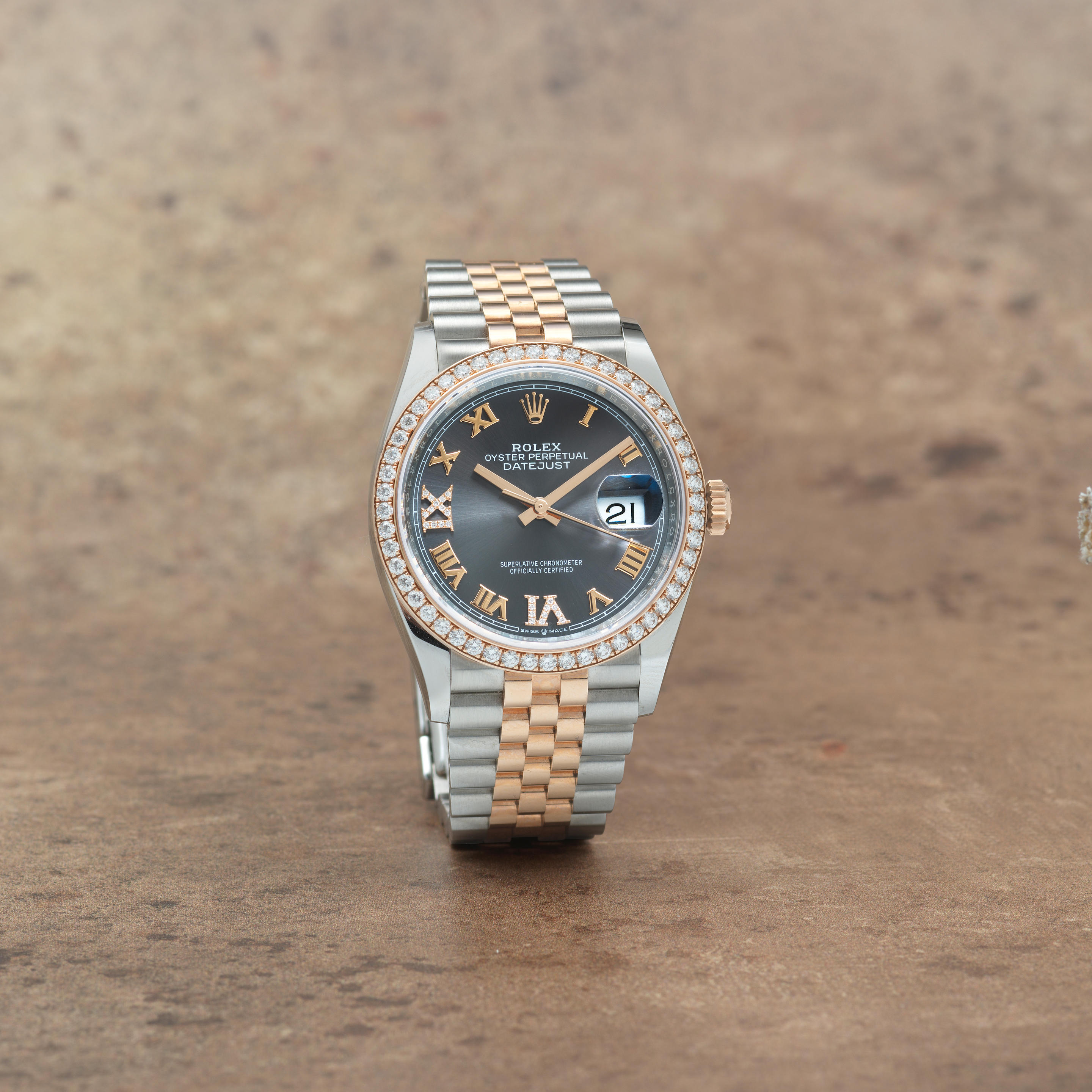 ROLEX A STAINLESS STEEL AND ROSE GOLD DIAMOND SET AUTOMATIC