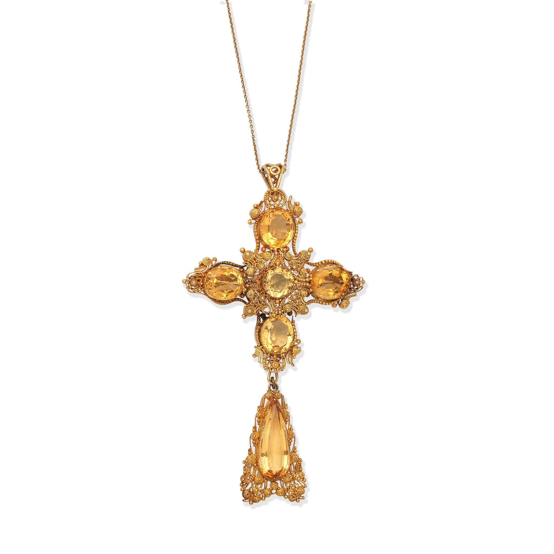 CITRINE AND CANNETILLE BROOCH PENDANT 19TH CENTURY Of quatrefoil form