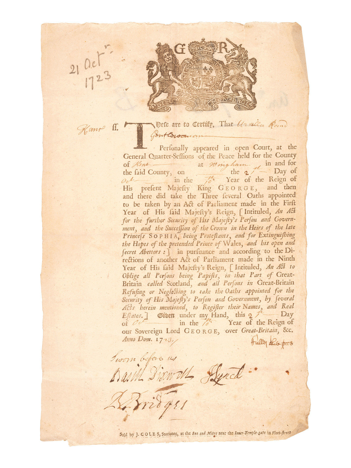 POLITICS Partly printed Catholic Oath of Loyalty signed by a