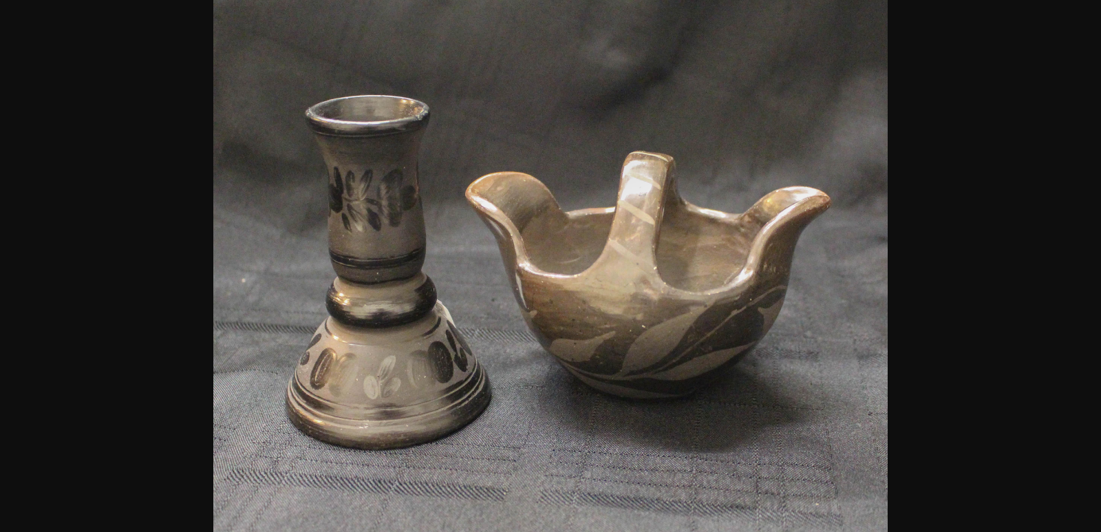 2 BLACKWARE SOUTHWEST POTTERY ITEMS HANDLED BASKE