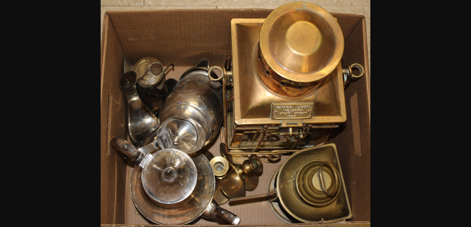 BOX LOT LANTERNS AND SILVER PLATE TEAPOT